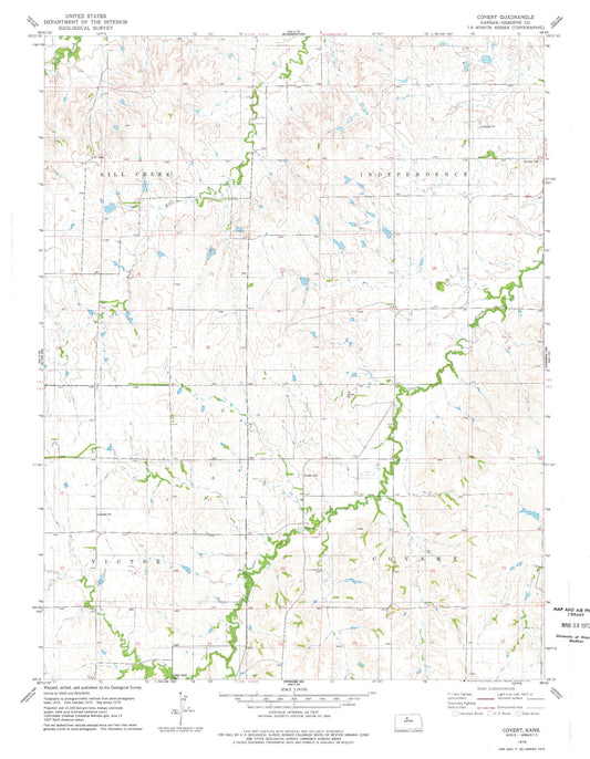 Classic USGS Covert Kansas 7.5'x7.5' Topo Map Image