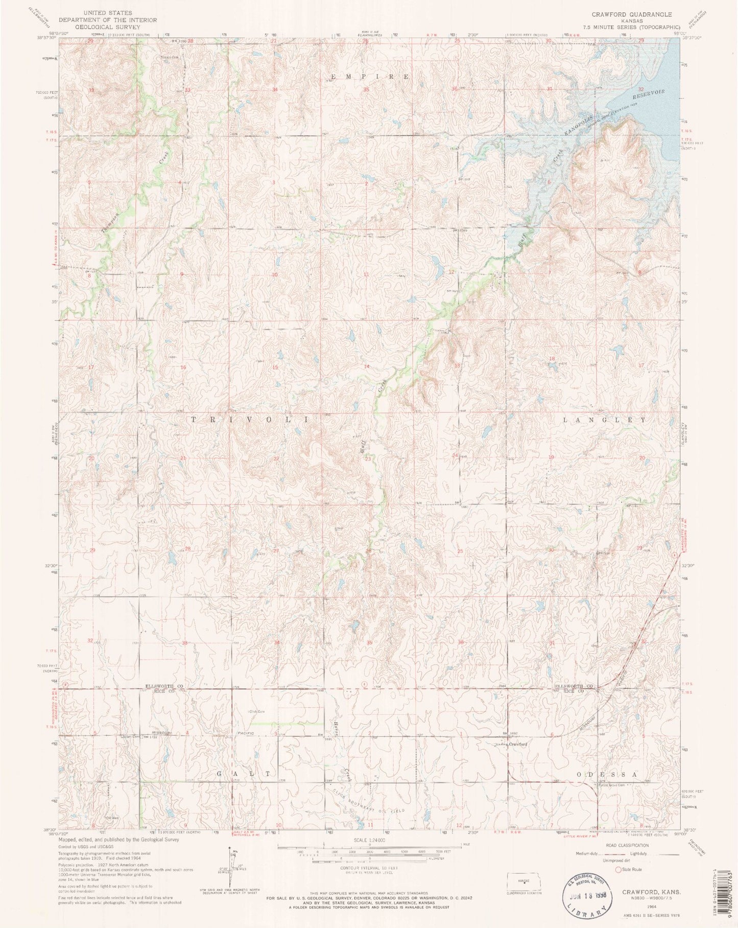 Classic USGS Crawford Kansas 7.5'x7.5' Topo Map Image