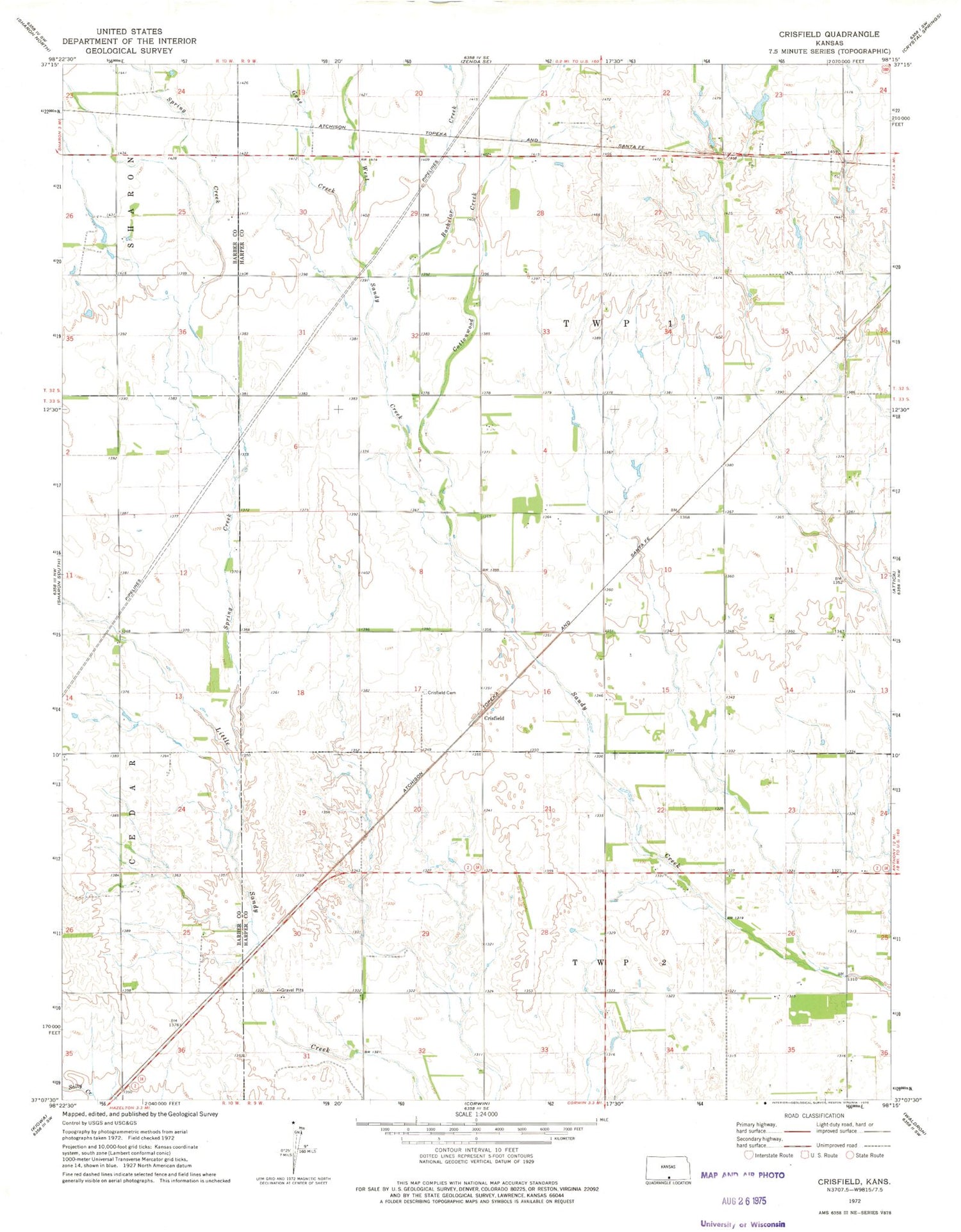 Classic USGS Crisfield Kansas 7.5'x7.5' Topo Map Image