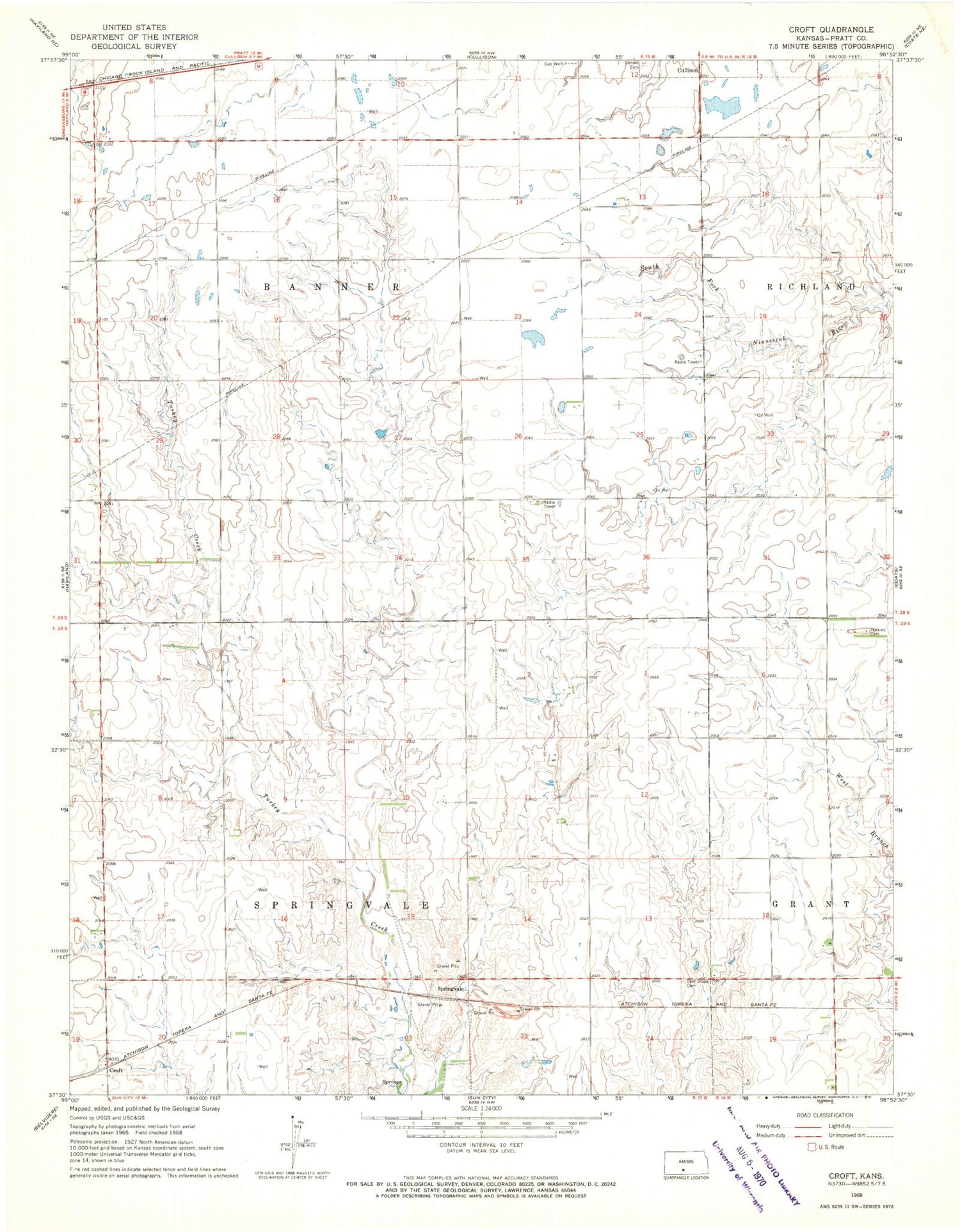Classic USGS Croft Kansas 7.5'x7.5' Topo Map Image