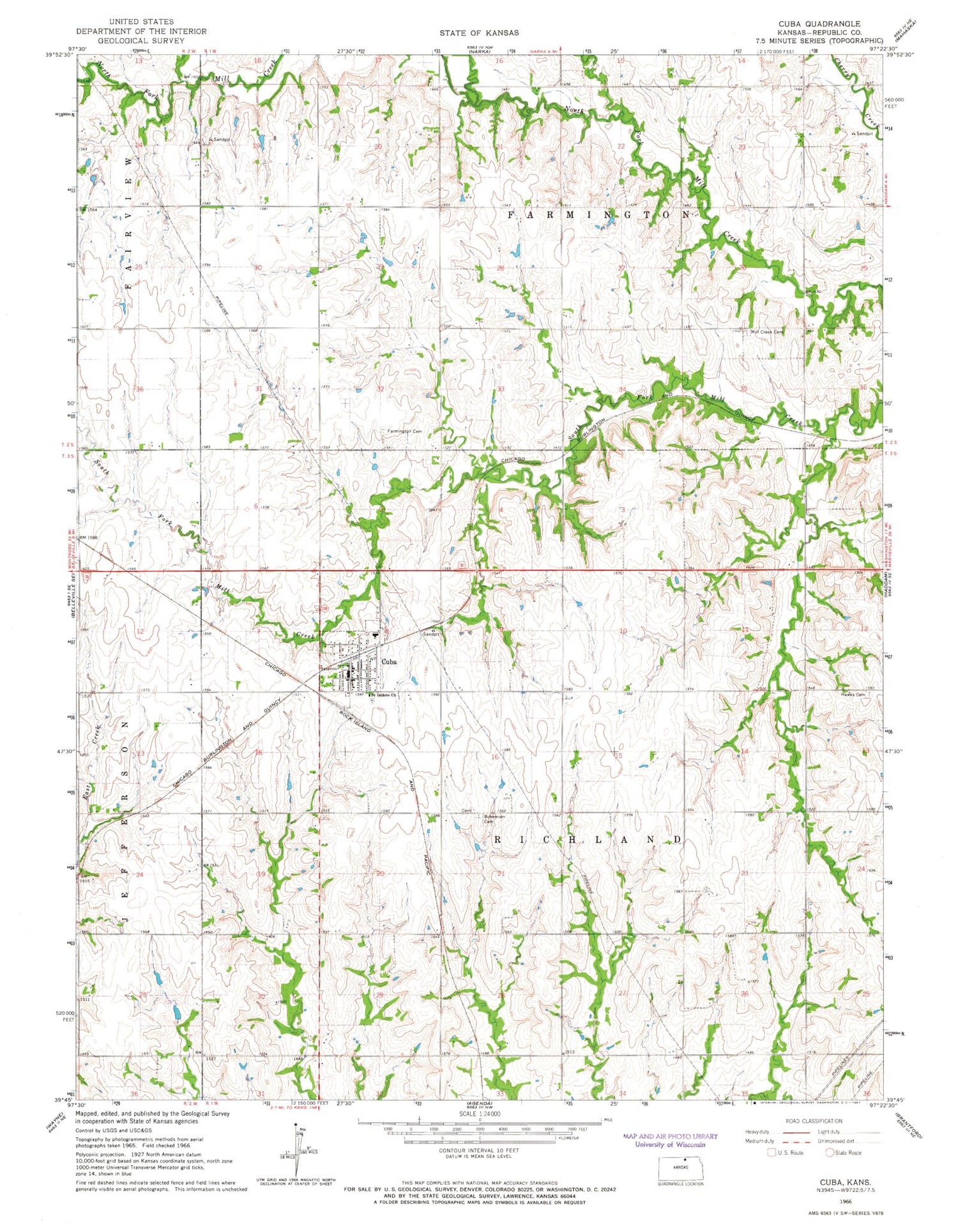 Classic USGS Cuba Kansas 7.5'x7.5' Topo Map Image