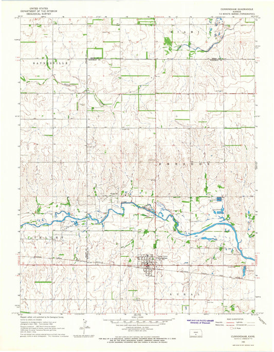 Classic USGS Cunningham Kansas 7.5'x7.5' Topo Map Image