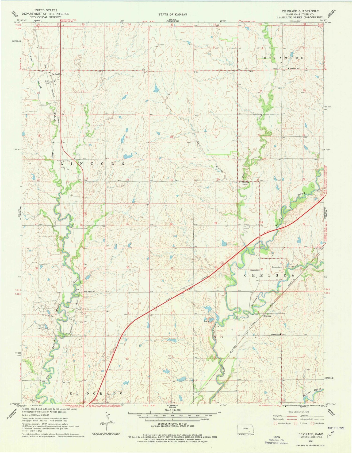 Classic USGS De Graff Kansas 7.5'x7.5' Topo Map Image