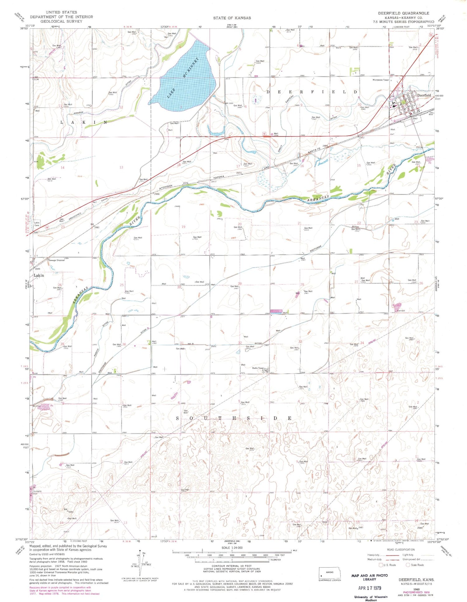 Classic USGS Deerfield Kansas 7.5'x7.5' Topo Map Image