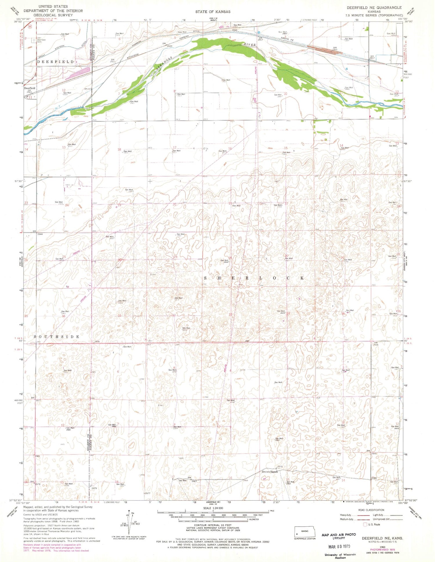 Classic USGS Deerfield NE Kansas 7.5'x7.5' Topo Map Image