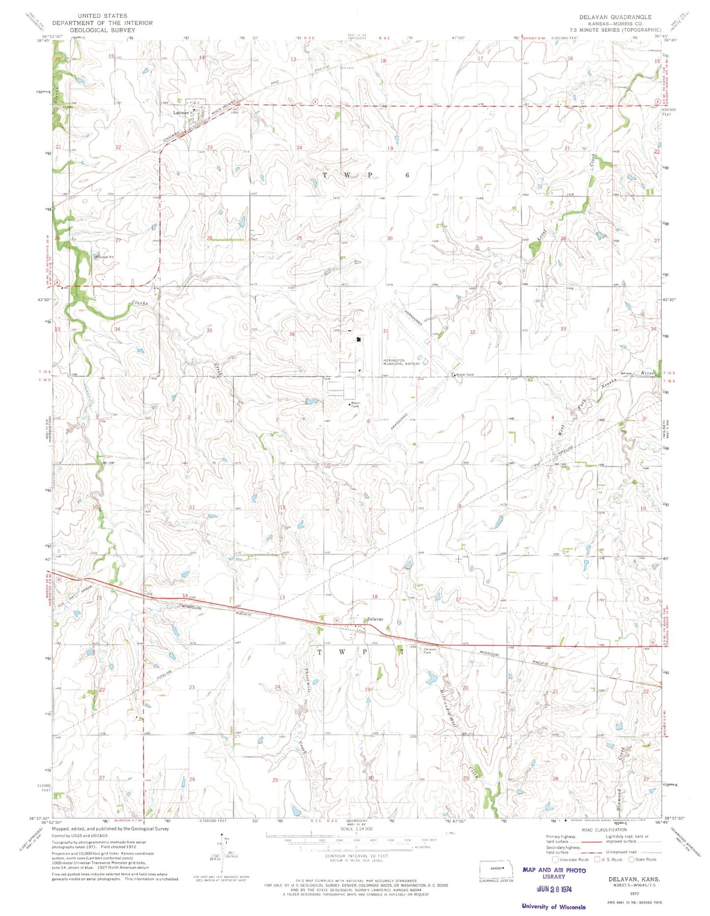 Classic USGS Delavan Kansas 7.5'x7.5' Topo Map Image