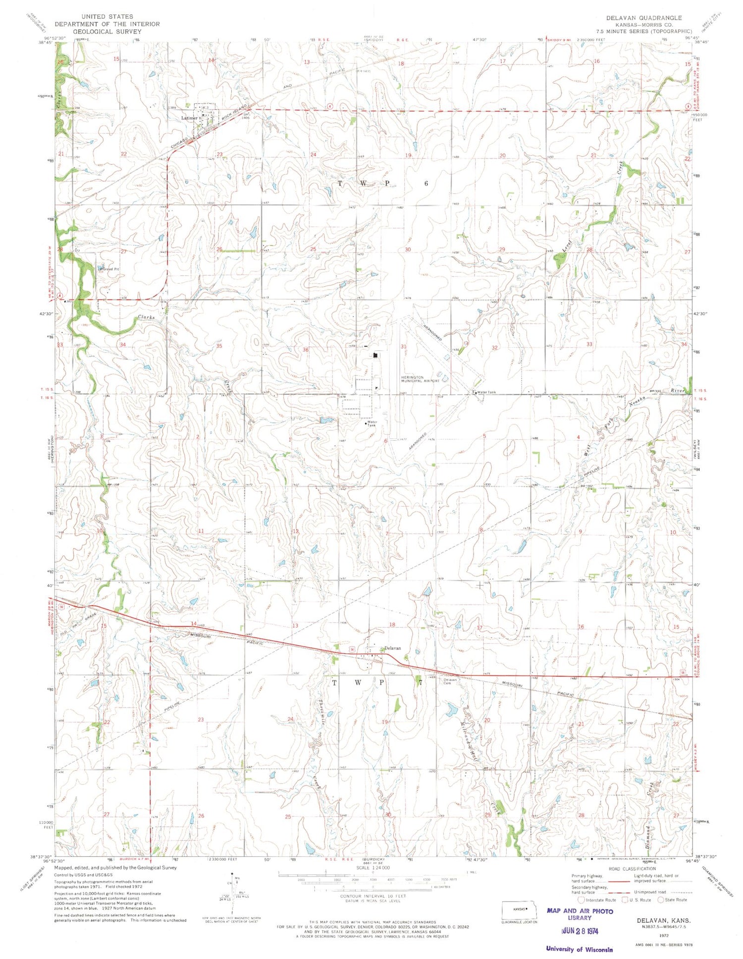 Classic USGS Delavan Kansas 7.5'x7.5' Topo Map Image