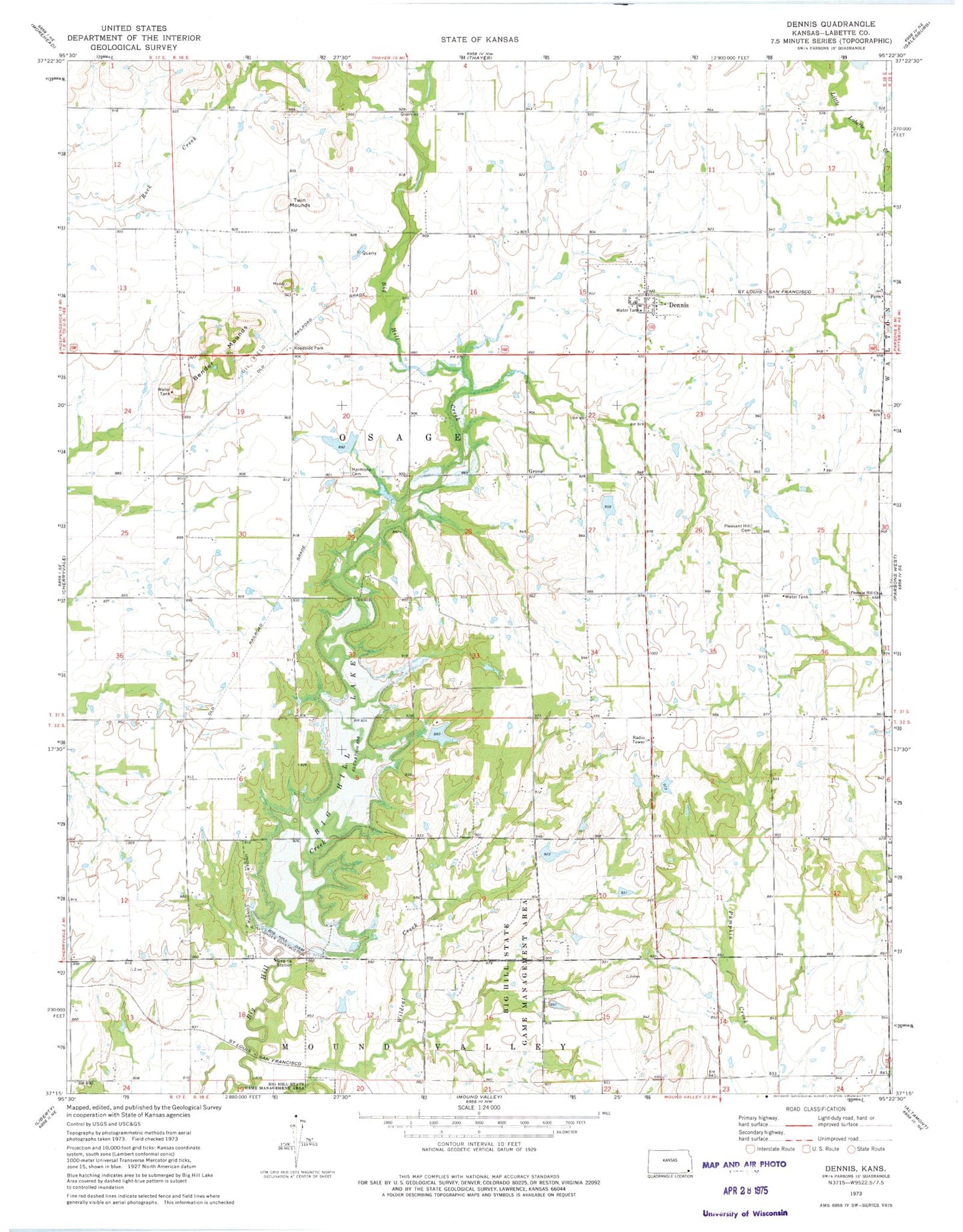 Classic USGS Dennis Kansas 7.5'x7.5' Topo Map Image