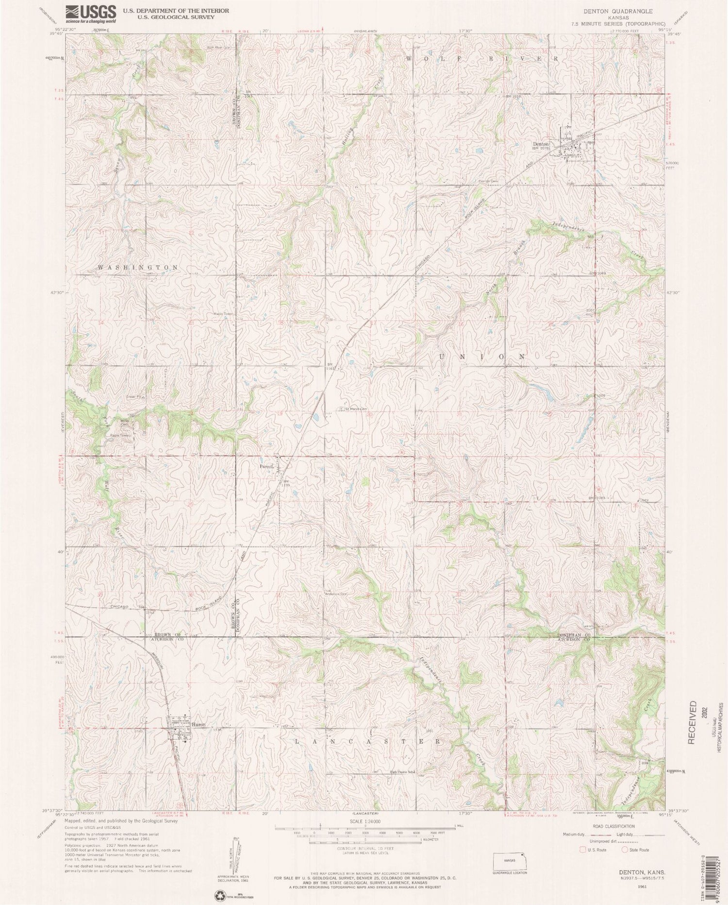 Classic USGS Denton Kansas 7.5'x7.5' Topo Map Image