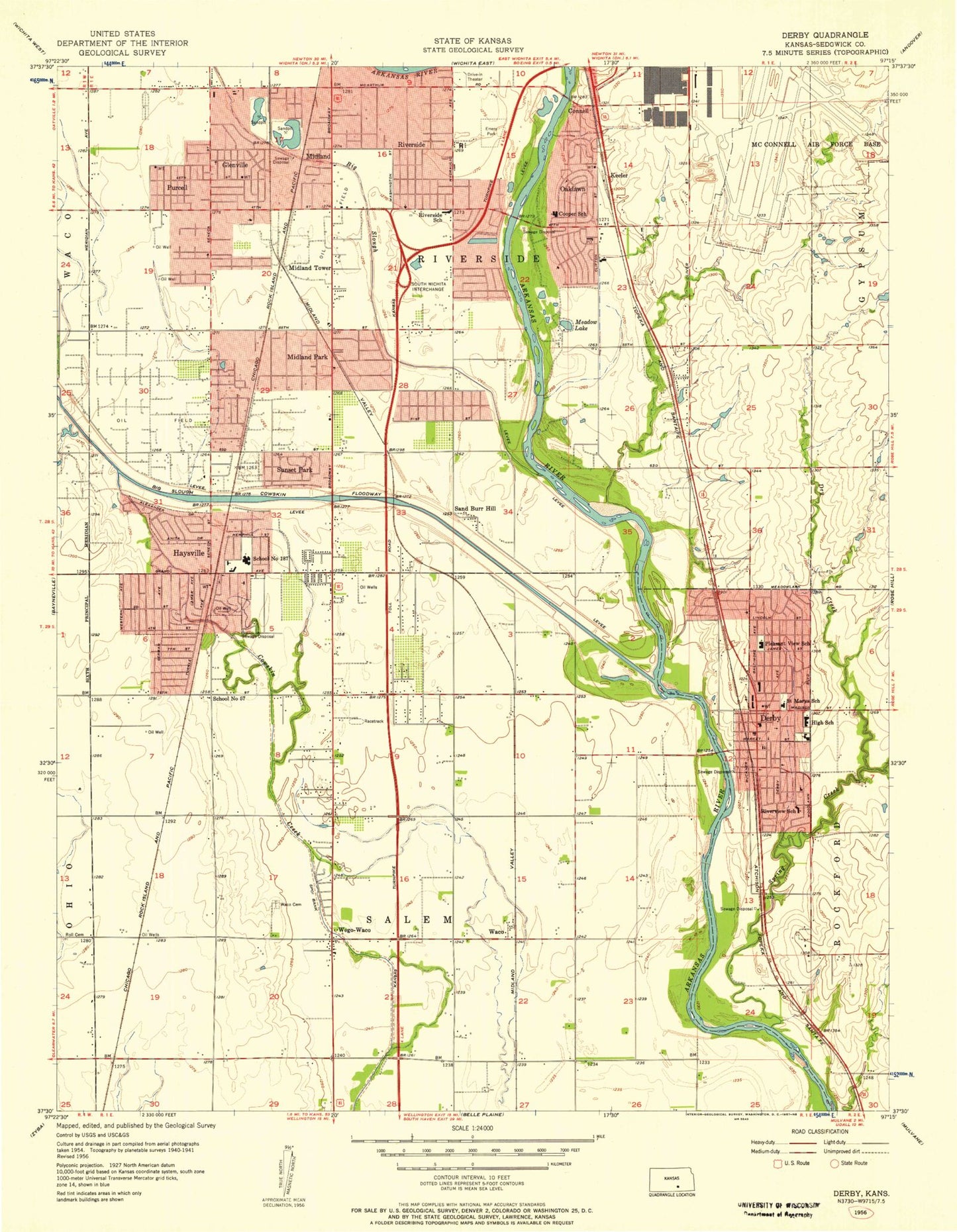 Classic USGS Derby Kansas 7.5'x7.5' Topo Map Image
