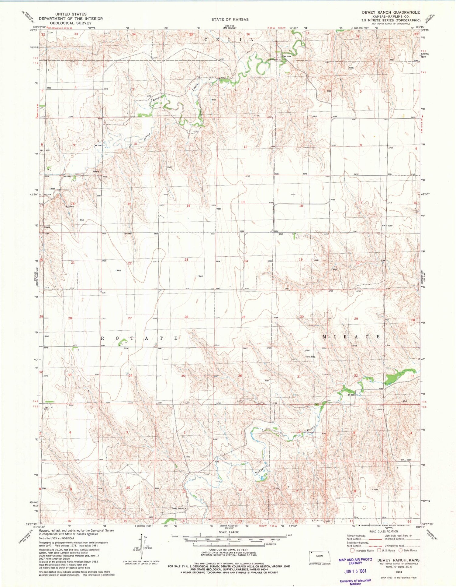 Classic USGS Dewey Ranch Kansas 7.5'x7.5' Topo Map Image