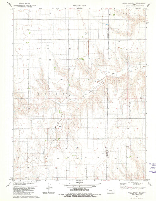 Classic USGS Dewey Ranch NW Kansas 7.5'x7.5' Topo Map Image