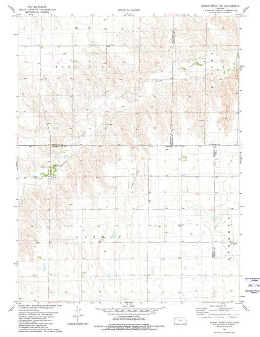 Classic USGS Dewey Ranch SW Kansas 7.5'x7.5' Topo Map Image