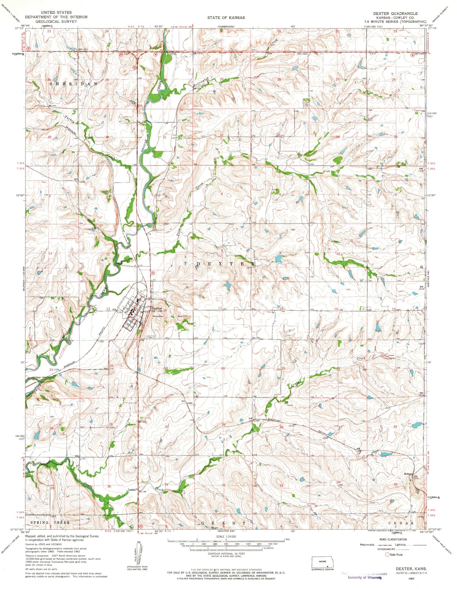 Classic USGS Dexter Kansas 7.5'x7.5' Topo Map Image
