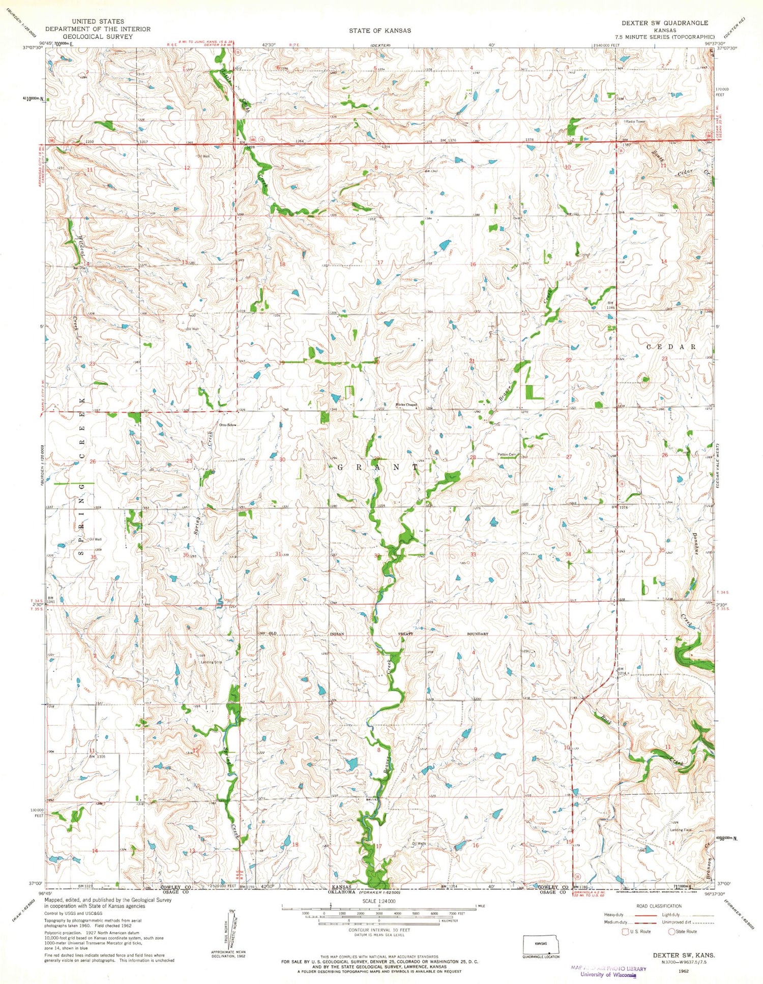 Classic USGS Dexter SW Kansas 7.5'x7.5' Topo Map Image