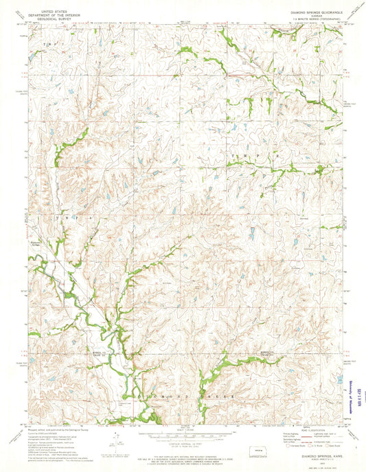 Classic USGS Diamond Springs Kansas 7.5'x7.5' Topo Map Image