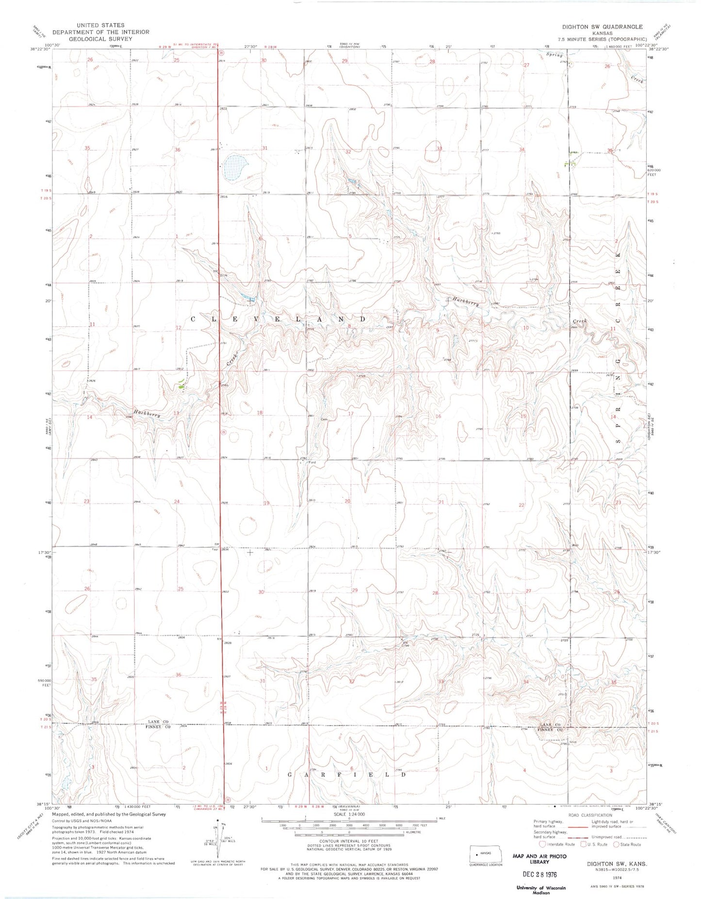 Classic USGS Dighton SW Kansas 7.5'x7.5' Topo Map Image