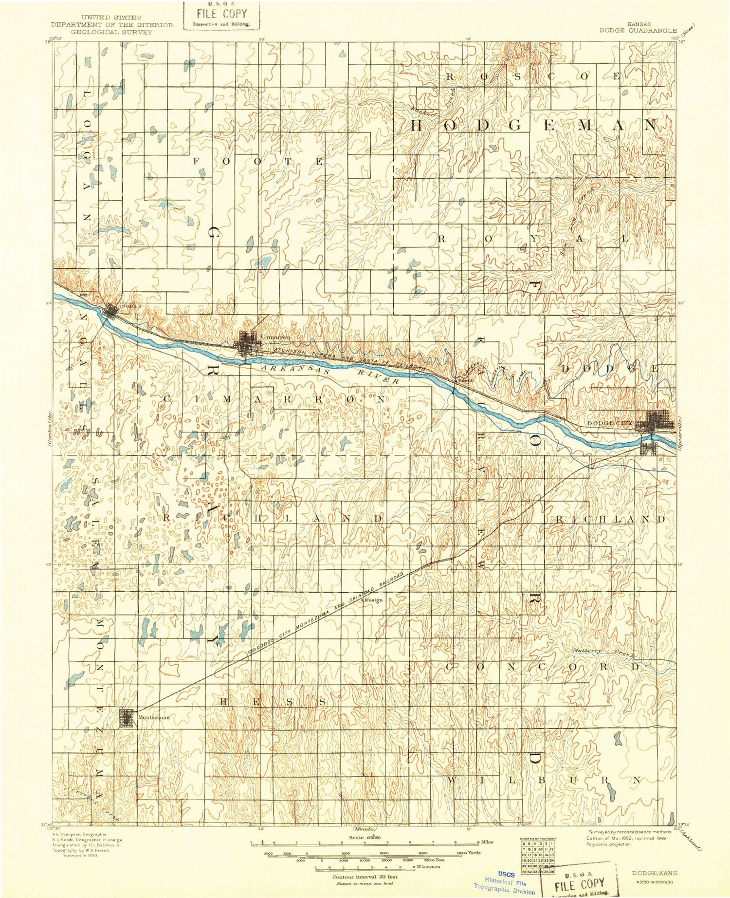 Historic 1892 Dodge Kansas 30'x30' Topo Map Image