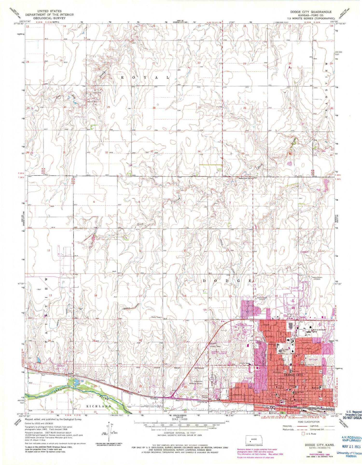 Classic USGS Dodge City Kansas 7.5'x7.5' Topo Map Image