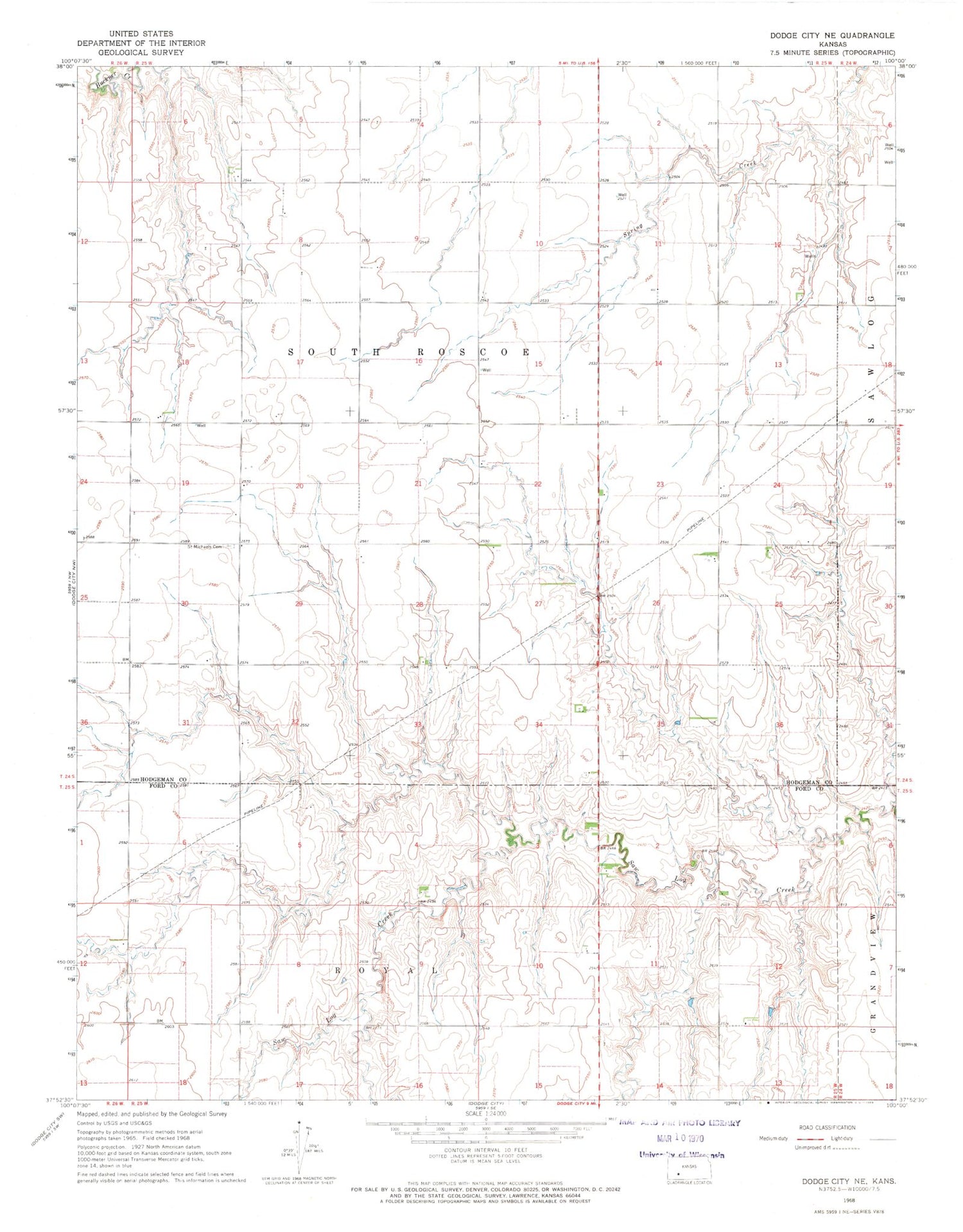 Classic USGS Dodge City NE Kansas 7.5'x7.5' Topo Map Image