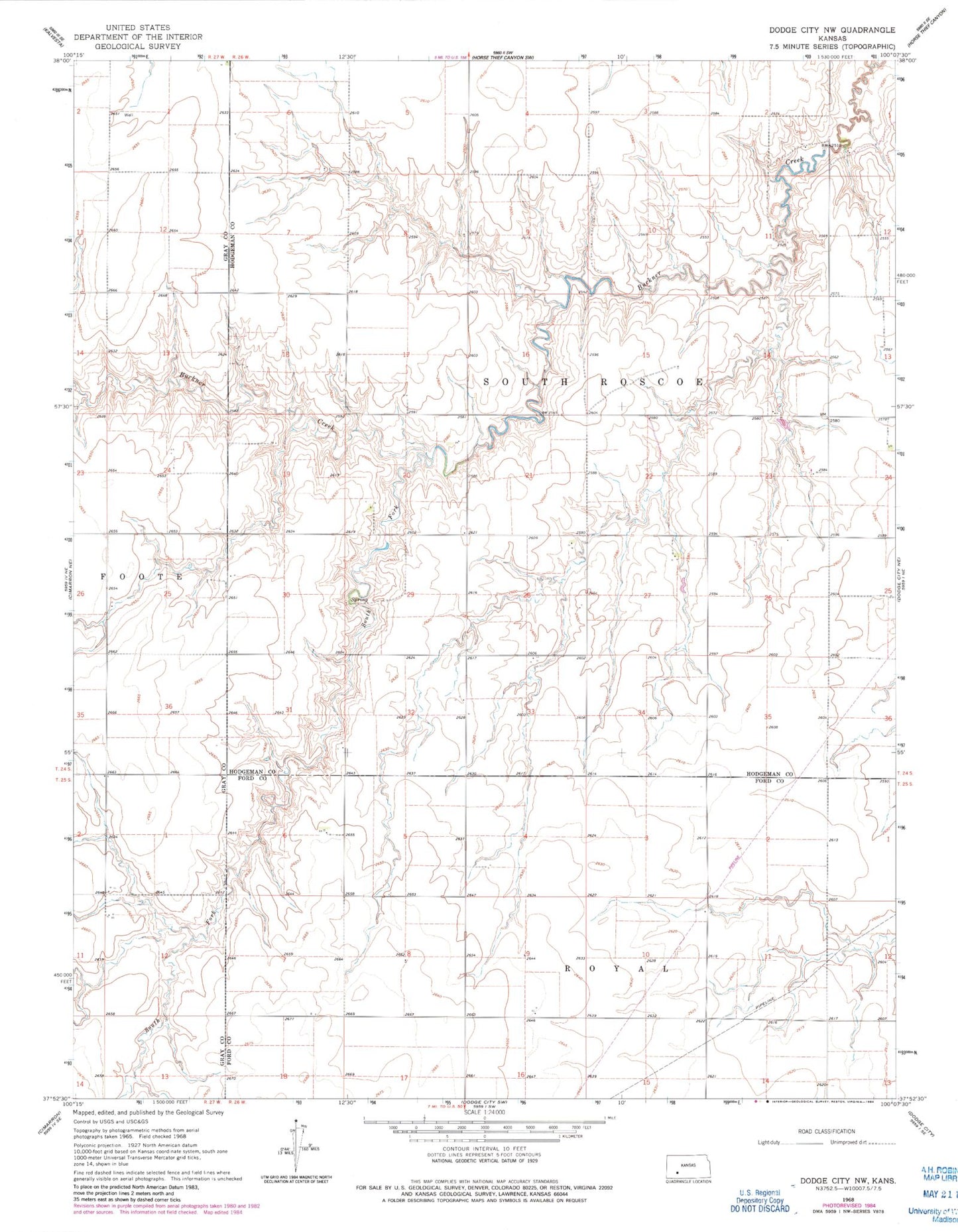 Classic USGS Dodge City NW Kansas 7.5'x7.5' Topo Map Image