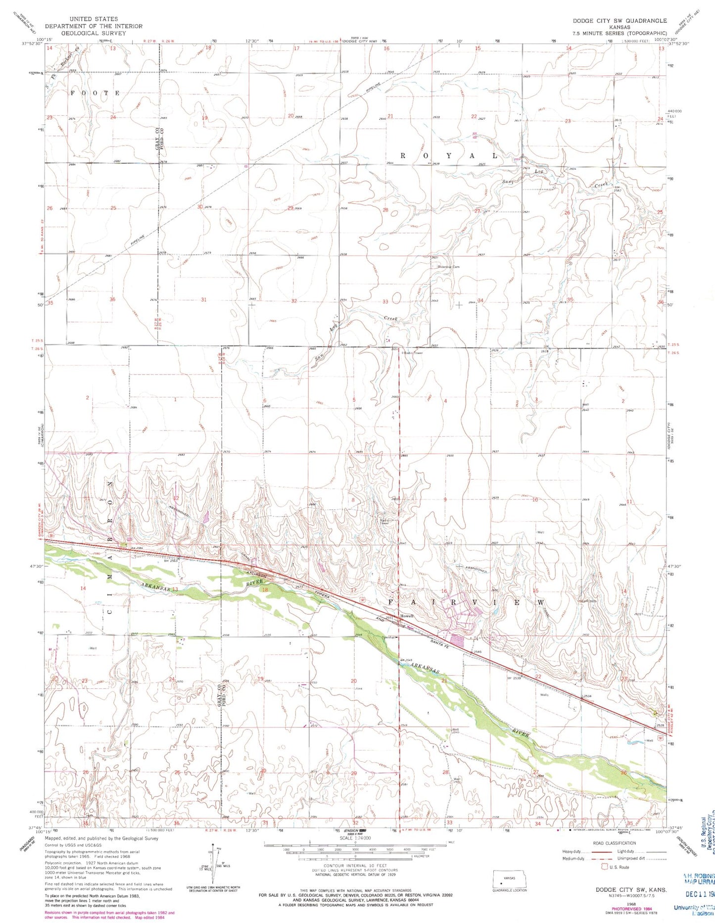 Classic USGS Dodge City SW Kansas 7.5'x7.5' Topo Map Image