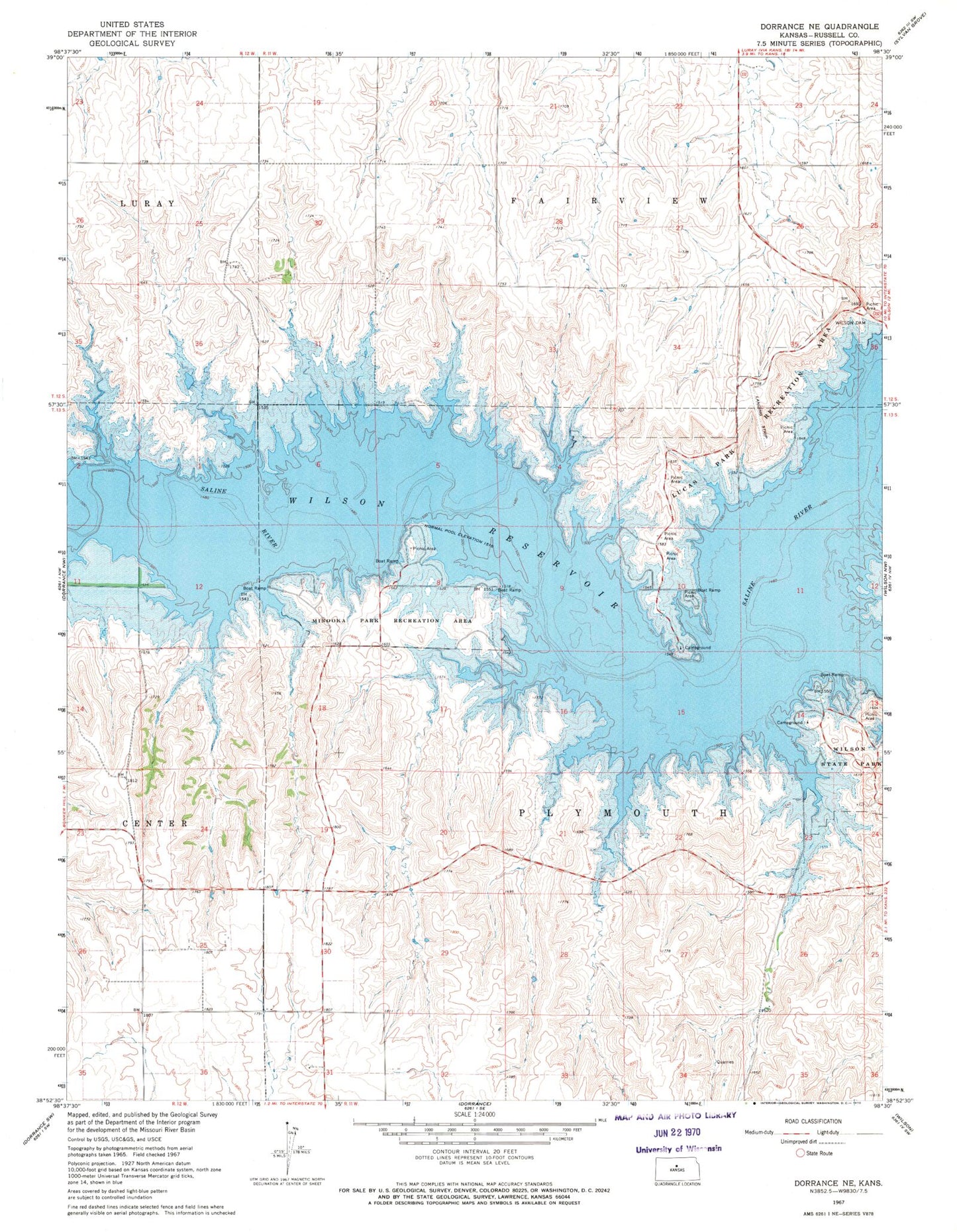 Classic USGS Dorrance NE Kansas 7.5'x7.5' Topo Map Image