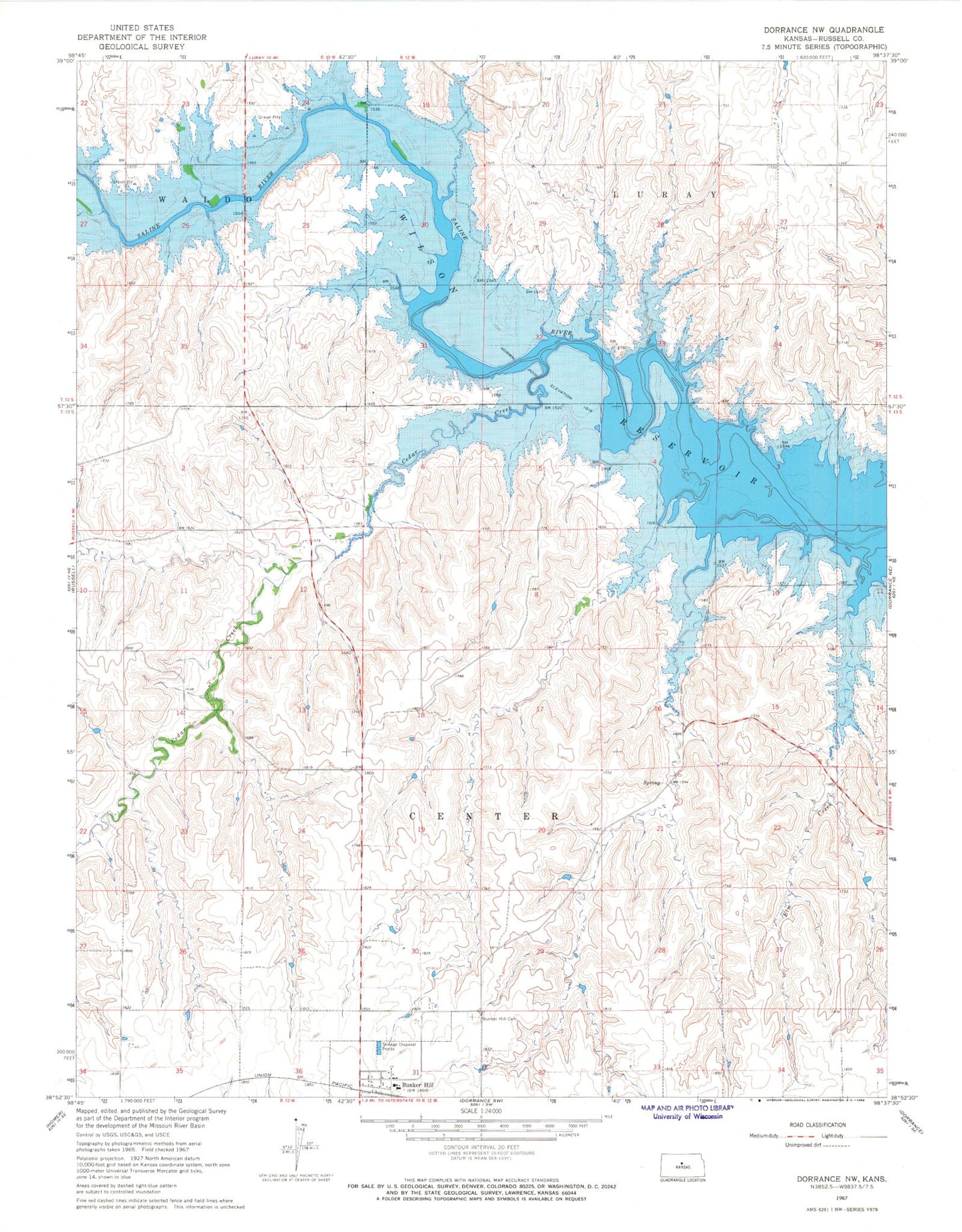 Classic USGS Dorrance NW Kansas 7.5'x7.5' Topo Map Image