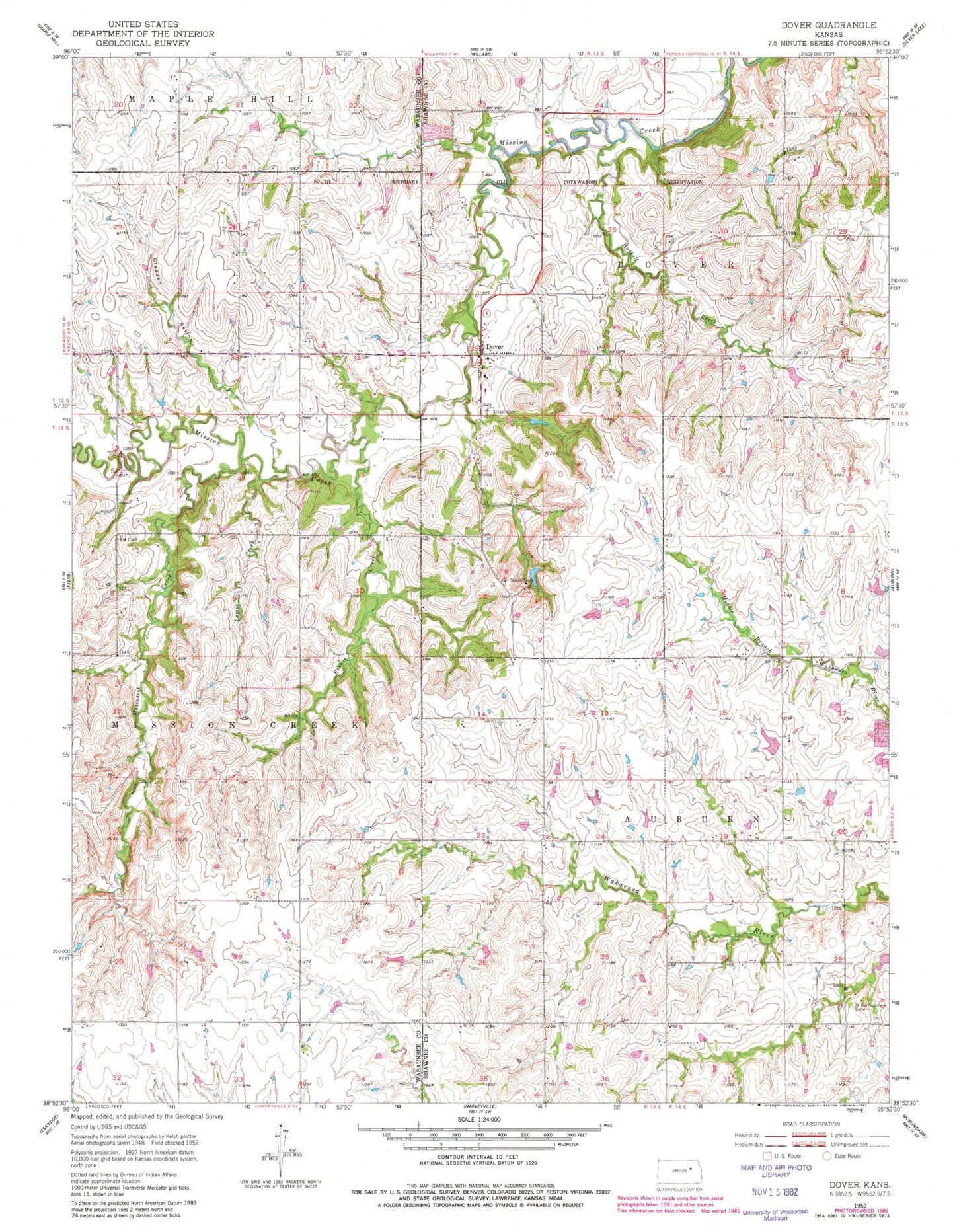 Classic USGS Dover Kansas 7.5'x7.5' Topo Map Image