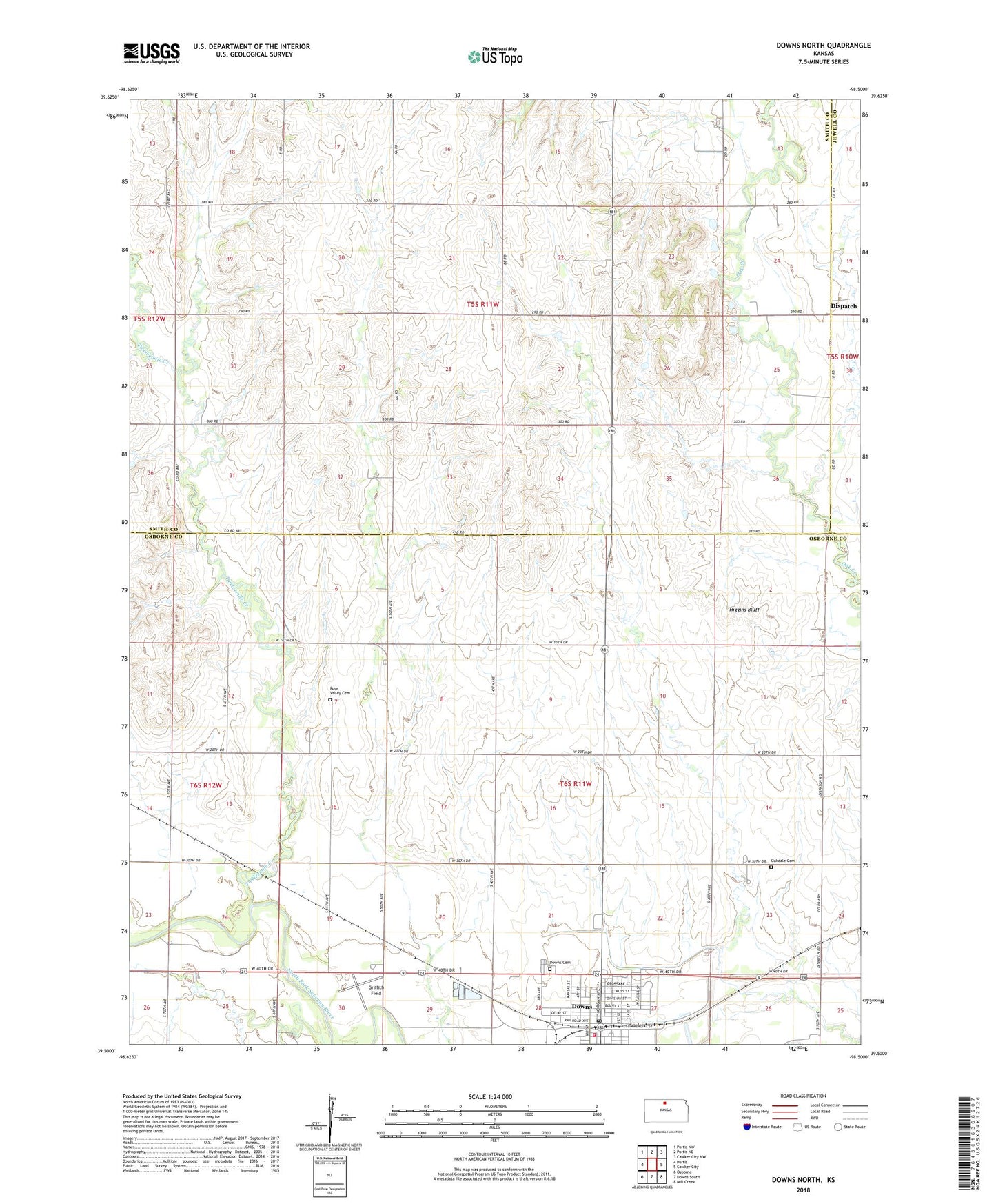 Downs North Kansas US Topo Map Image