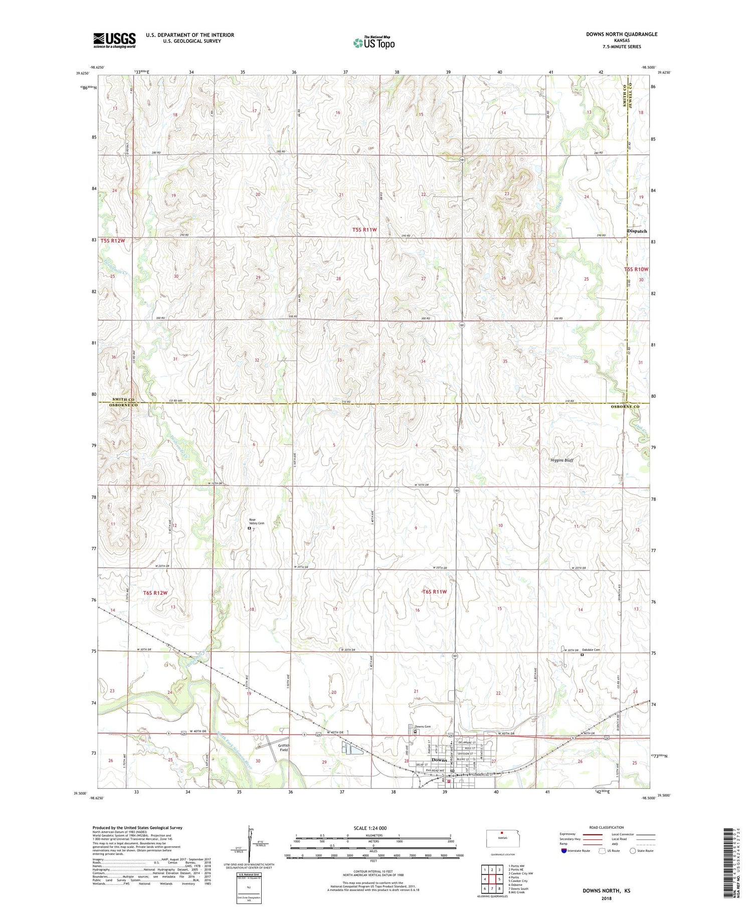 Downs North Kansas US Topo Map Image