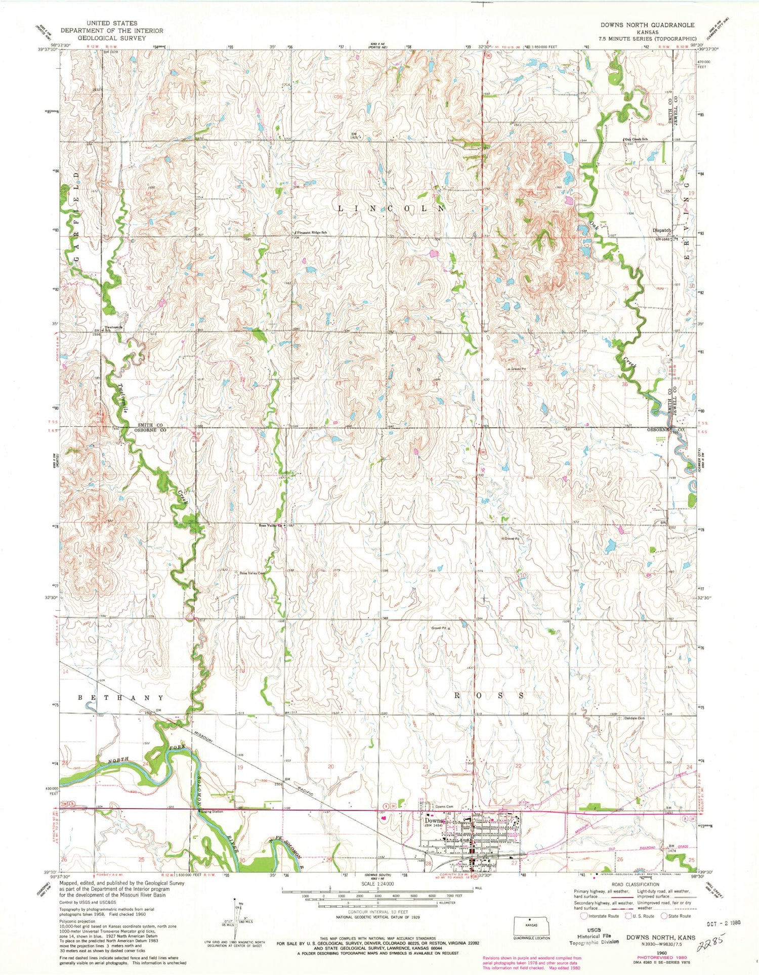 Classic USGS Downs North Kansas 7.5'x7.5' Topo Map Image