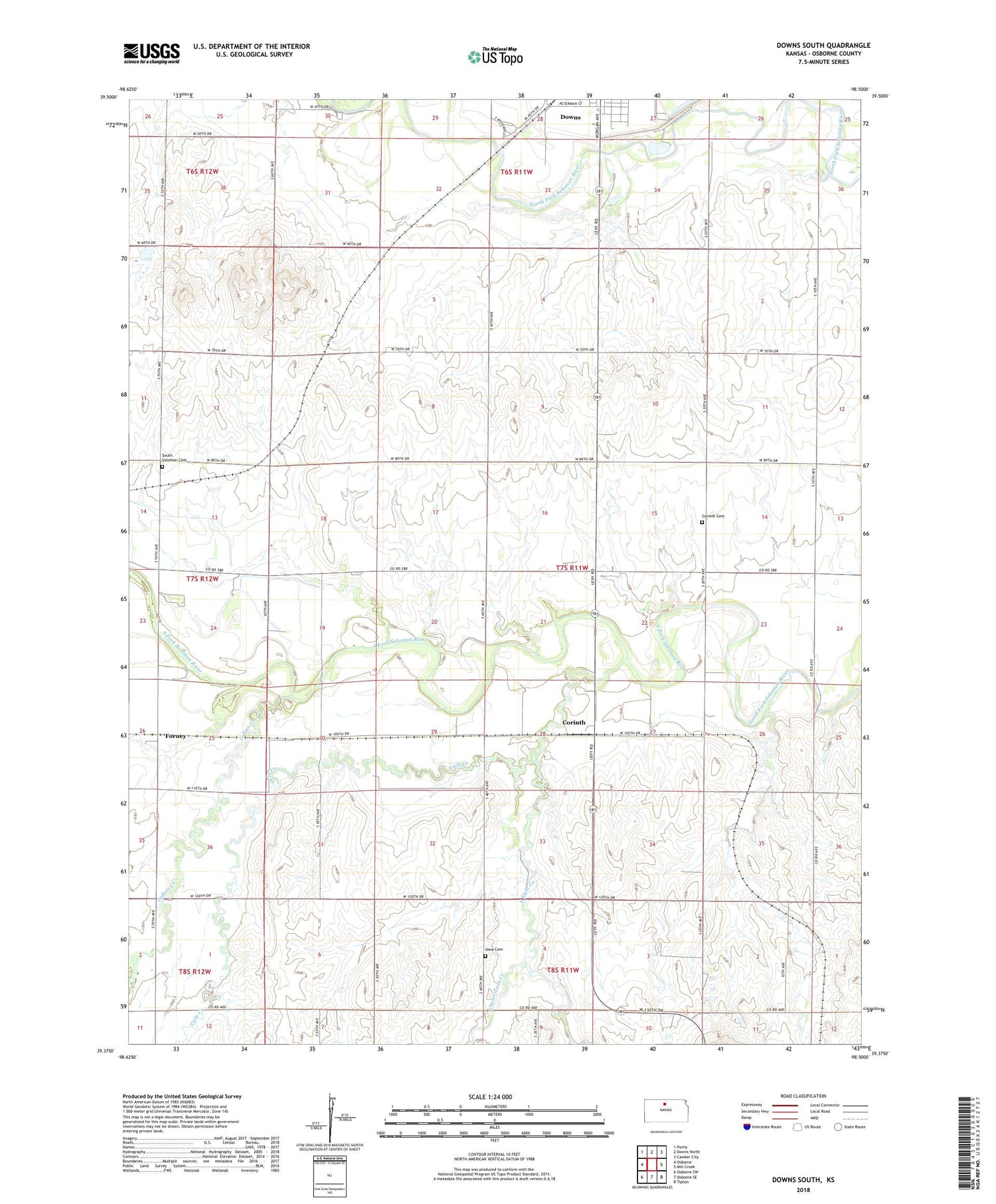 Downs South Kansas US Topo Map Image