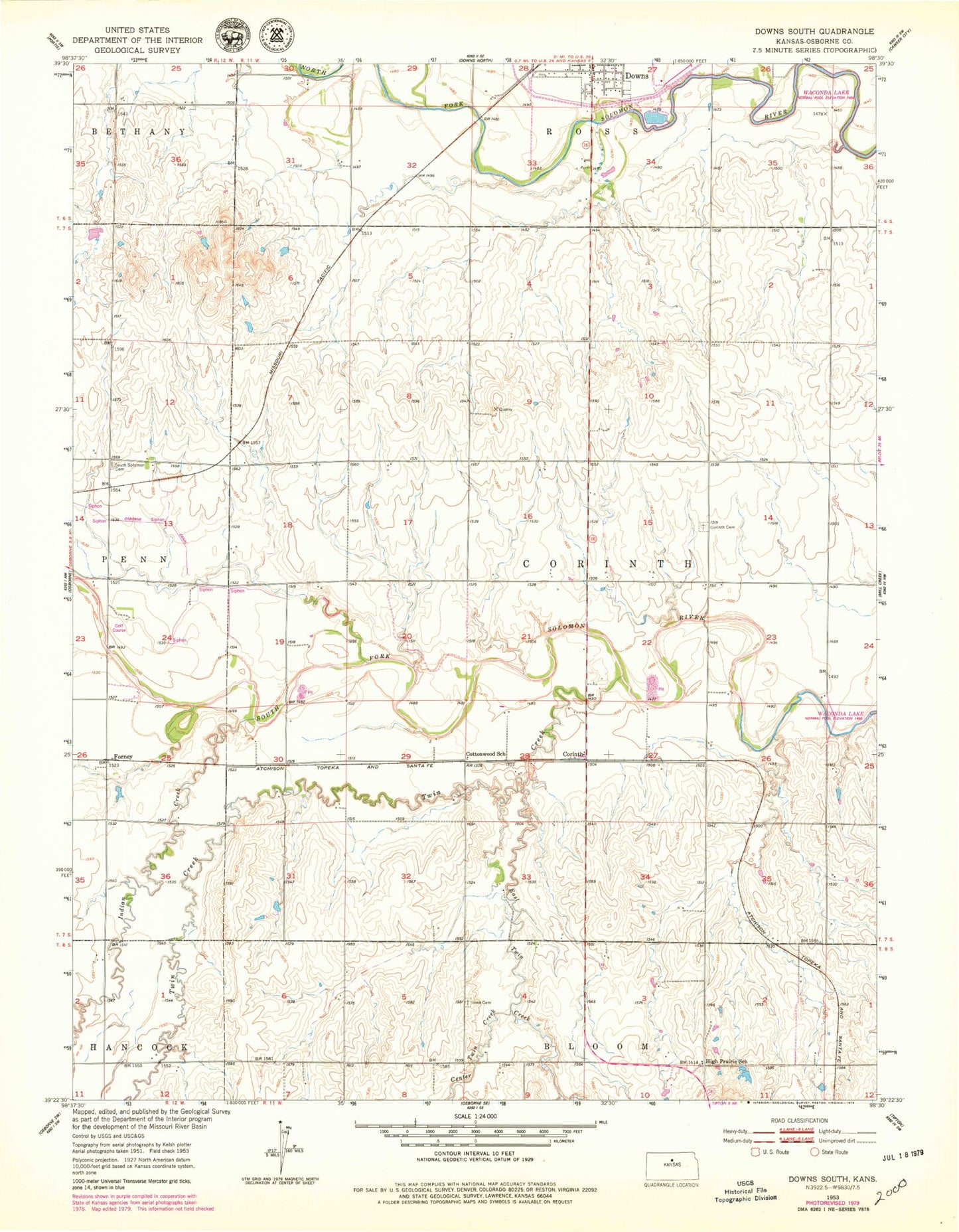 Classic USGS Downs South Kansas 7.5'x7.5' Topo Map Image