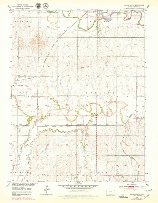 Classic USGS Downs South Kansas 7.5'x7.5' Topo Map Image