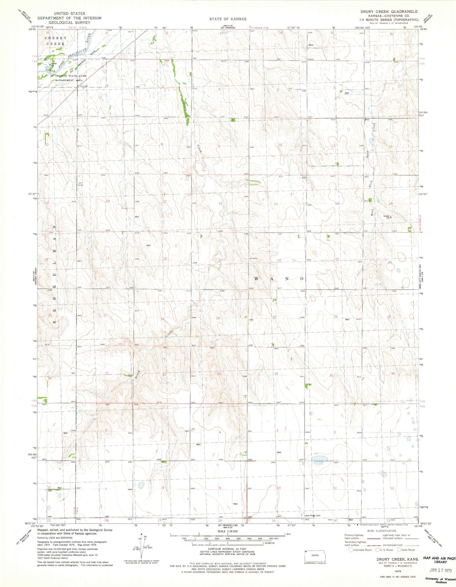 Classic USGS Drury Creek Kansas 7.5'x7.5' Topo Map Image