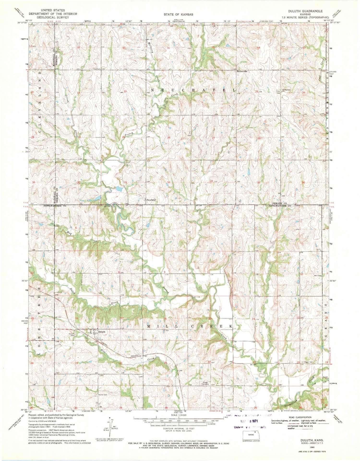 Classic USGS Duluth Kansas 7.5'x7.5' Topo Map Image