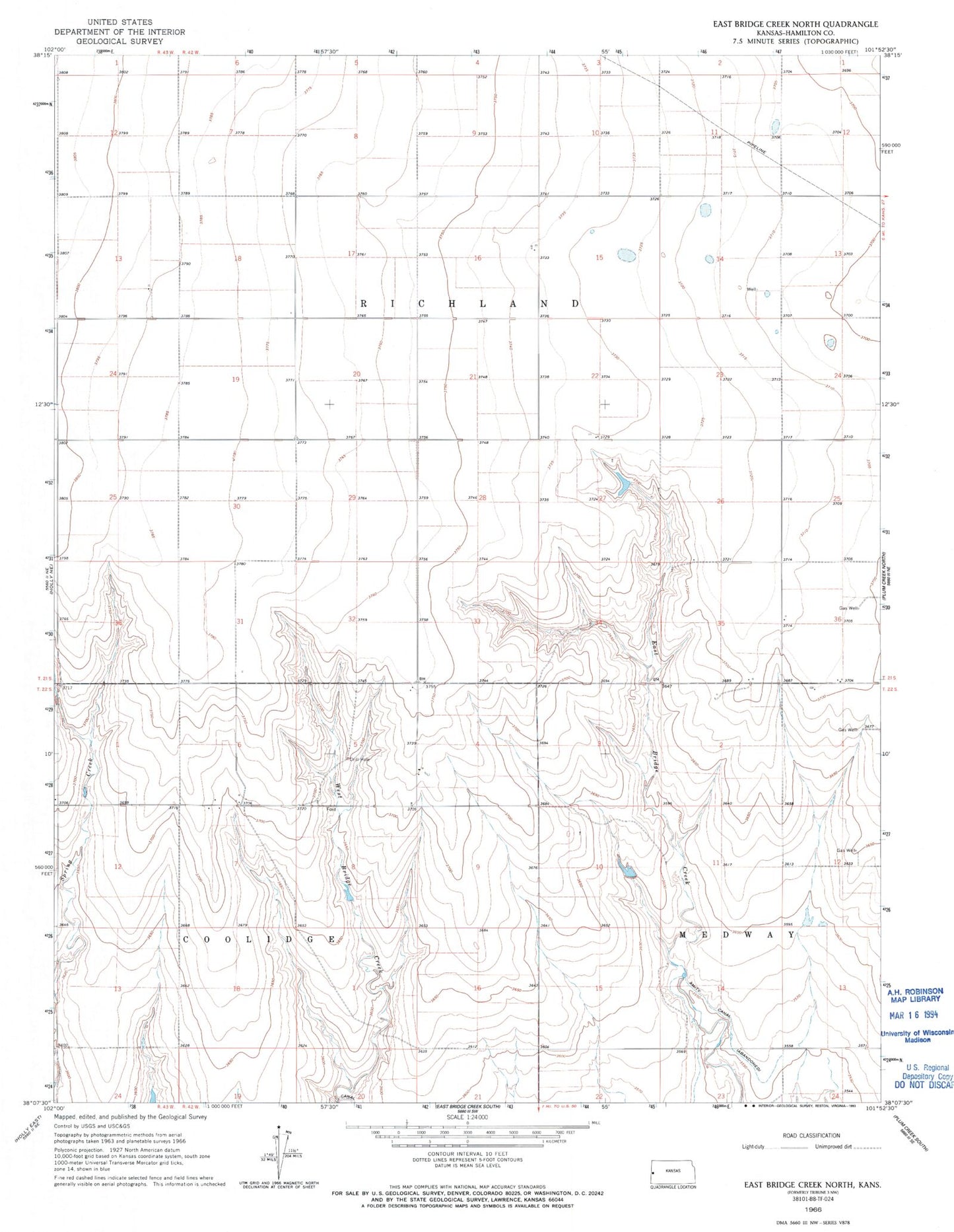 Classic USGS East Bridge Creek North Kansas 7.5'x7.5' Topo Map Image