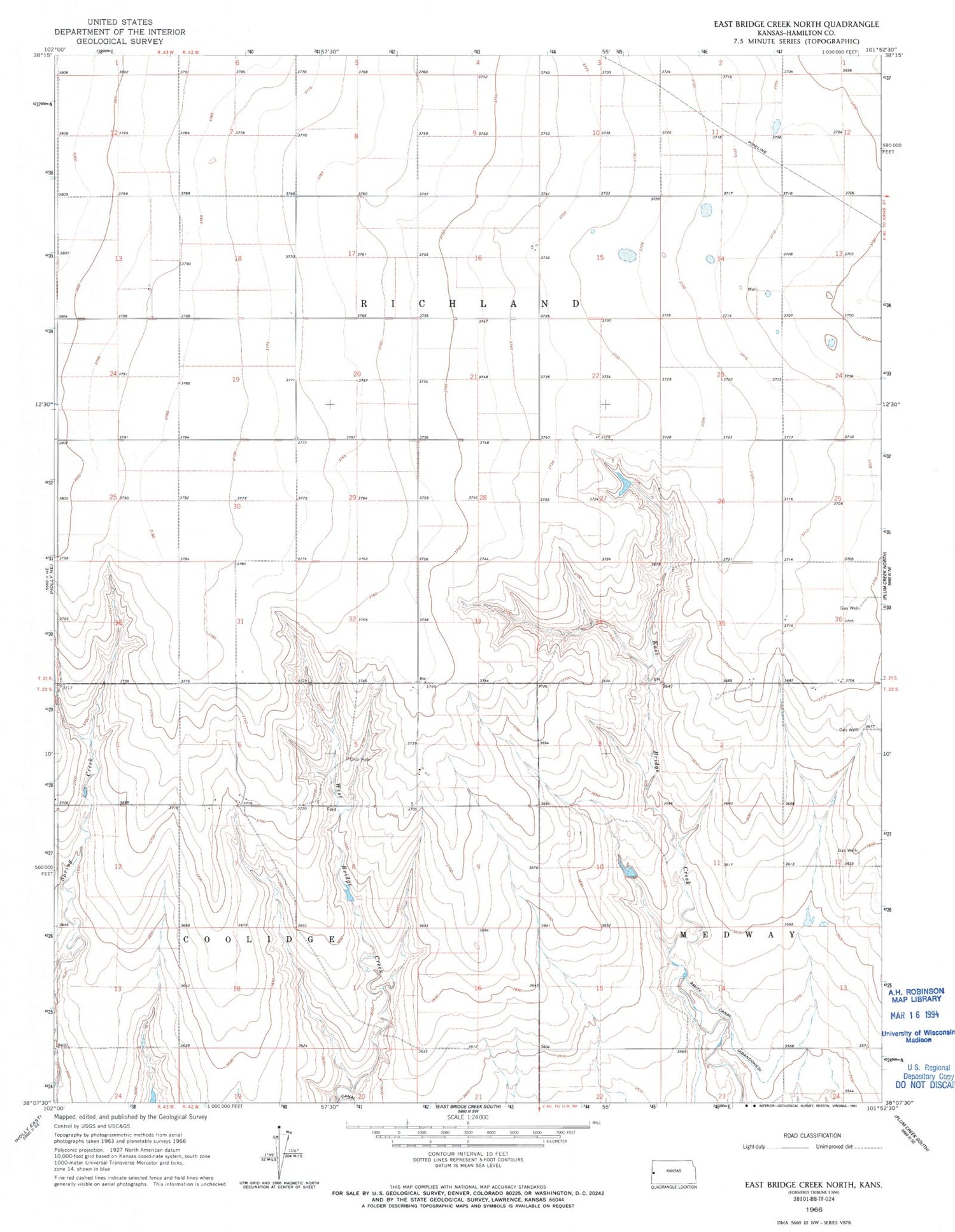 Classic USGS East Bridge Creek North Kansas 7.5'x7.5' Topo Map Image