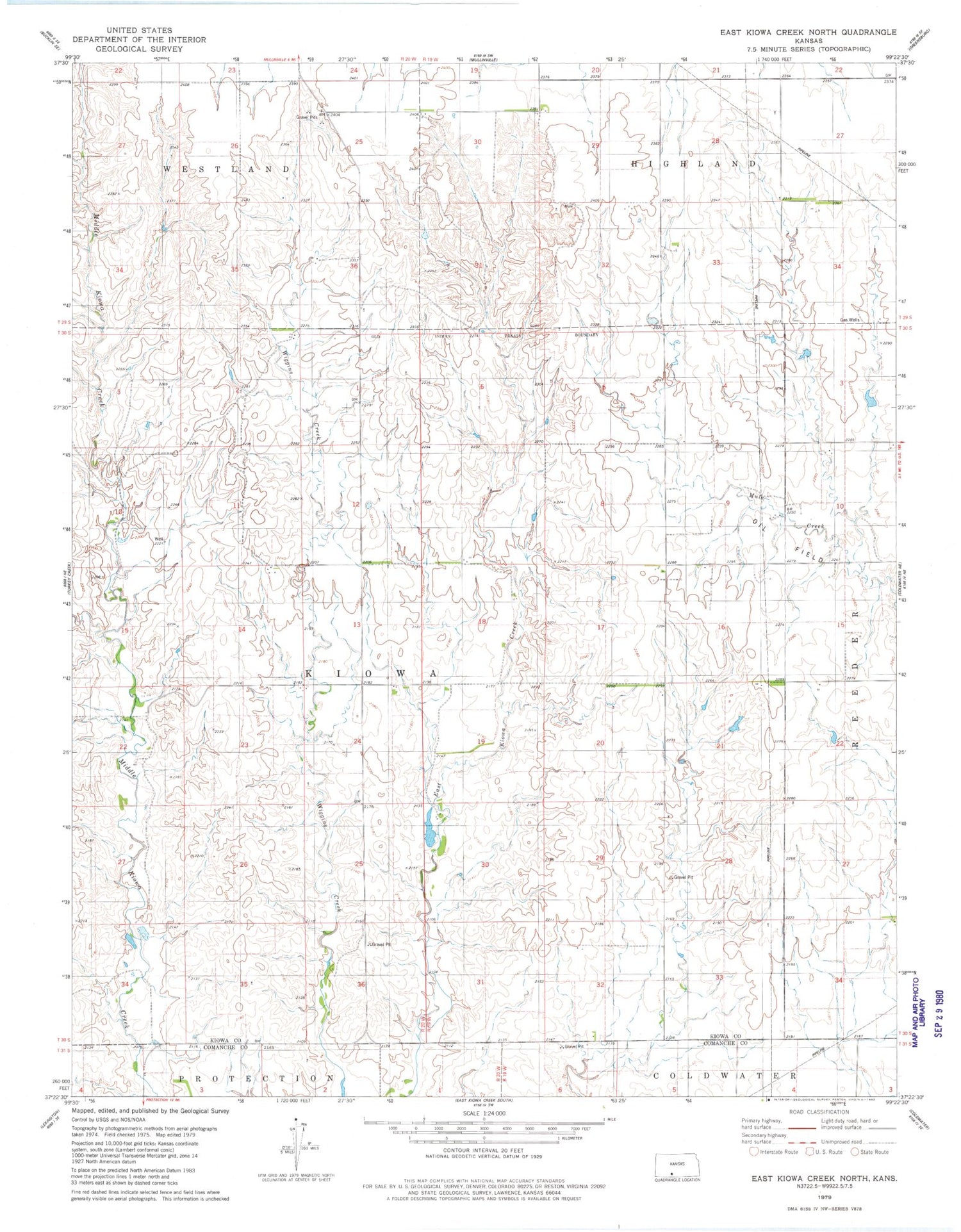 Classic USGS East Kiowa Creek North Kansas 7.5'x7.5' Topo Map Image