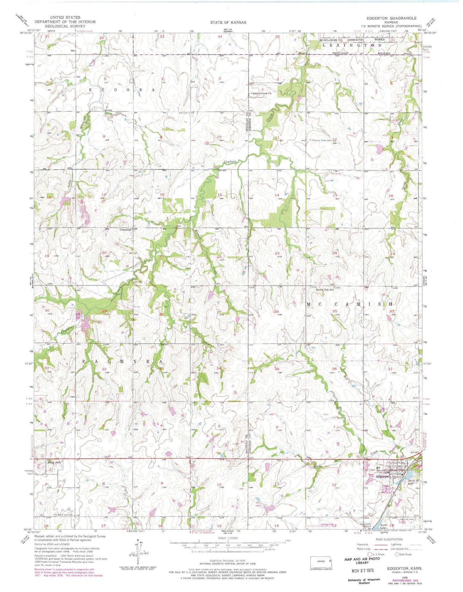 Classic USGS Edgerton Kansas 7.5'x7.5' Topo Map Image