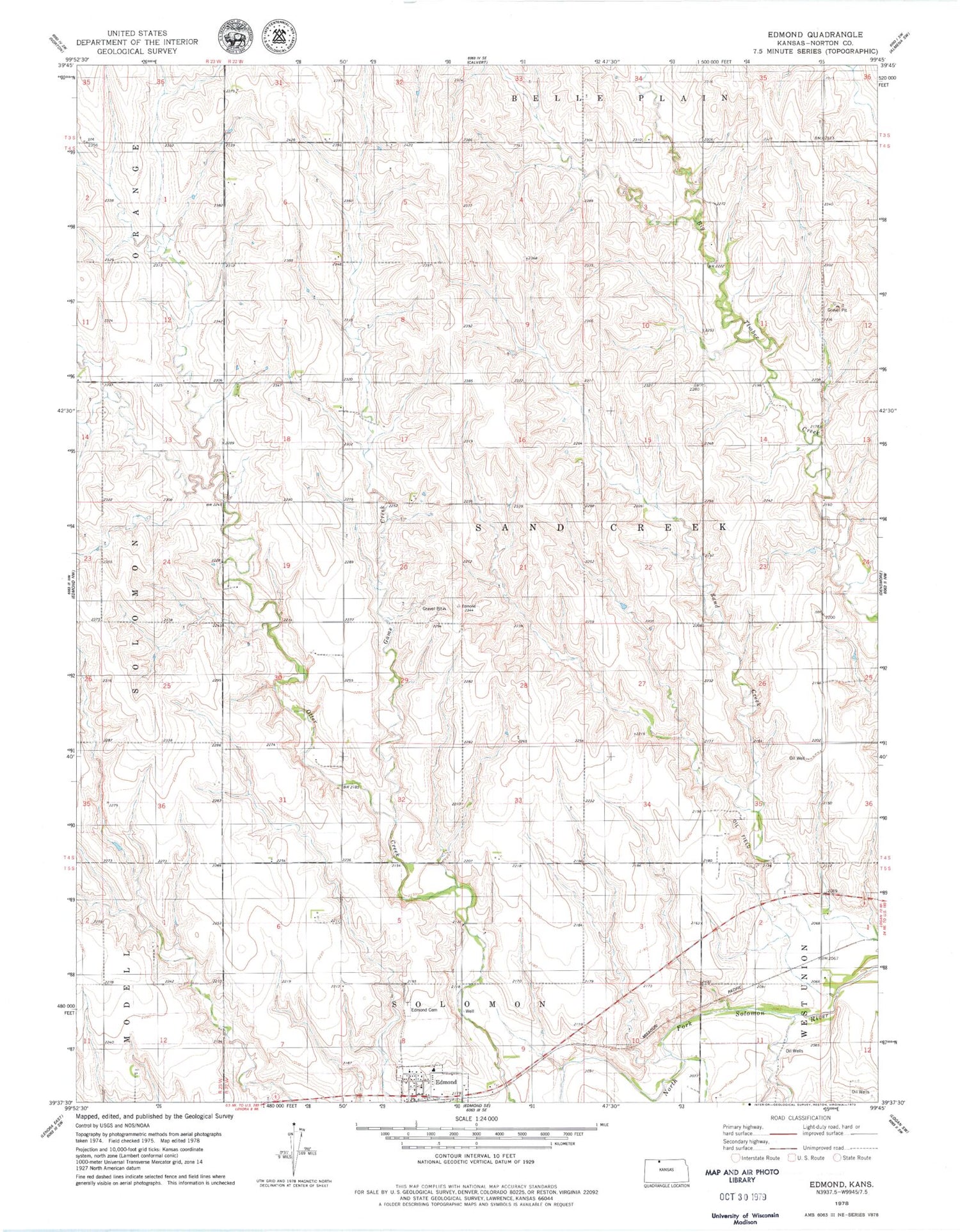 Classic USGS Edmond Kansas 7.5'x7.5' Topo Map Image