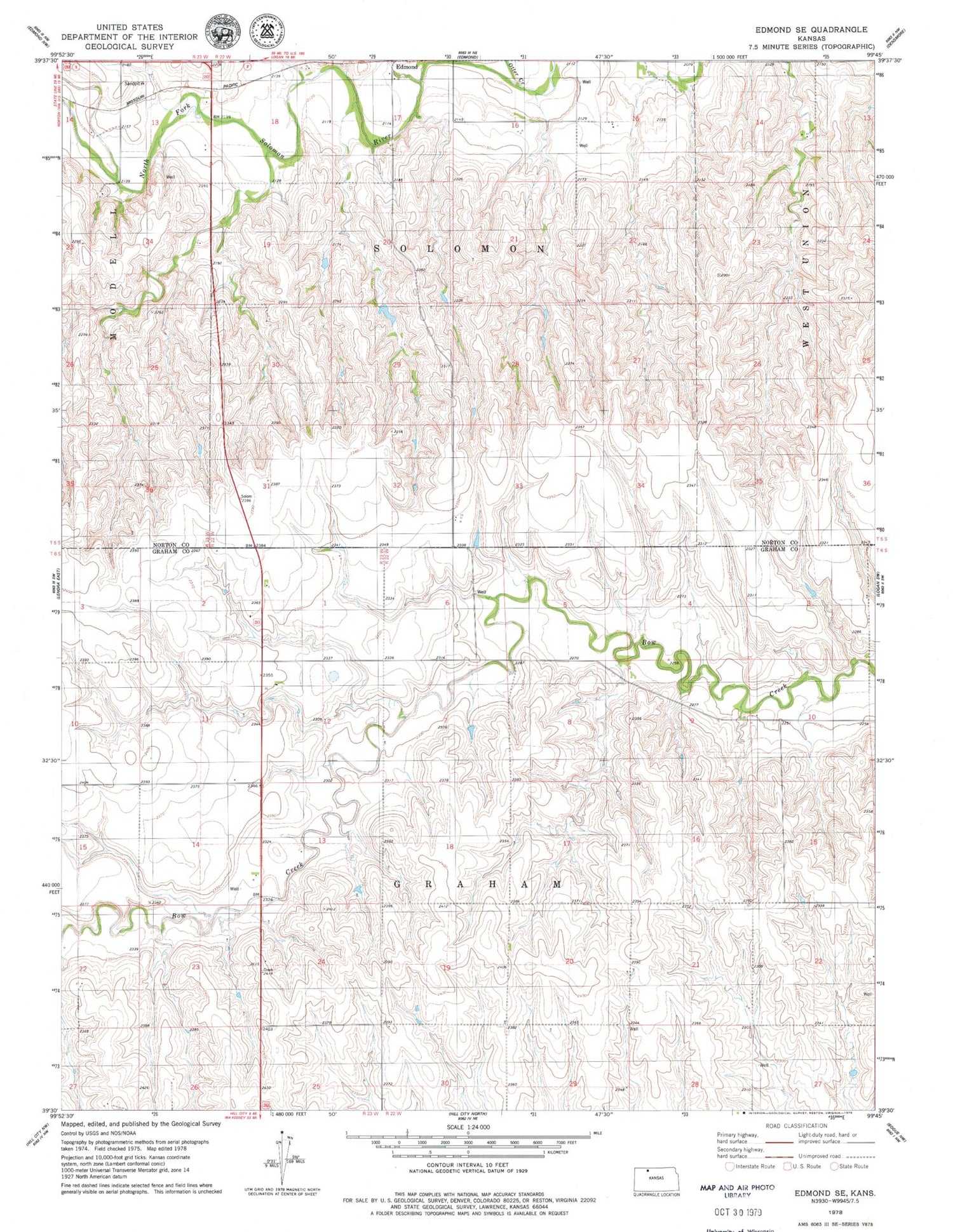 Classic USGS Edmond SE Kansas 7.5'x7.5' Topo Map Image