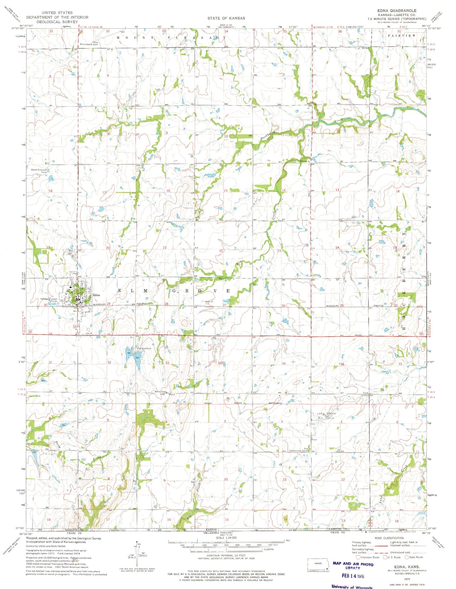 Classic USGS Edna Kansas 7.5'x7.5' Topo Map Image