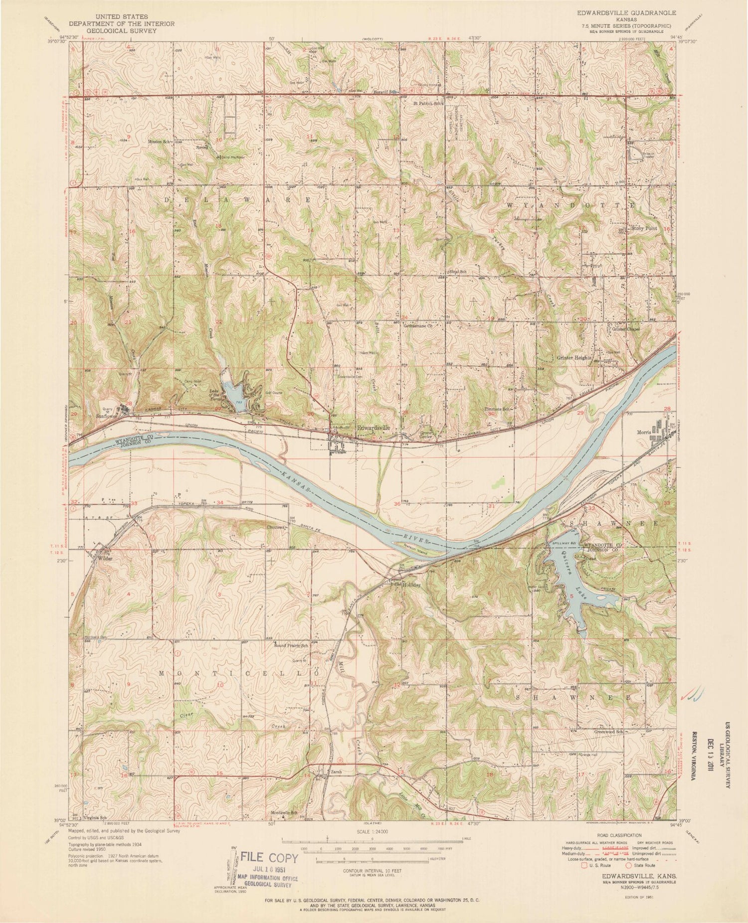 Classic USGS Edwardsville Kansas 7.5'x7.5' Topo Map Image