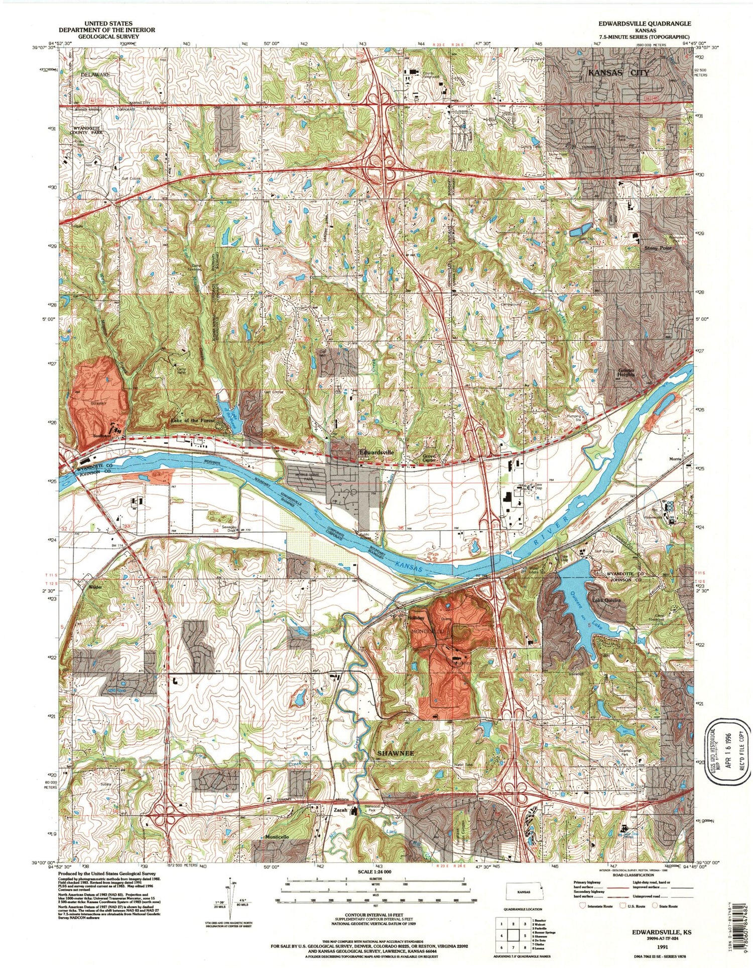 Classic USGS Edwardsville Kansas 7.5'x7.5' Topo Map Image