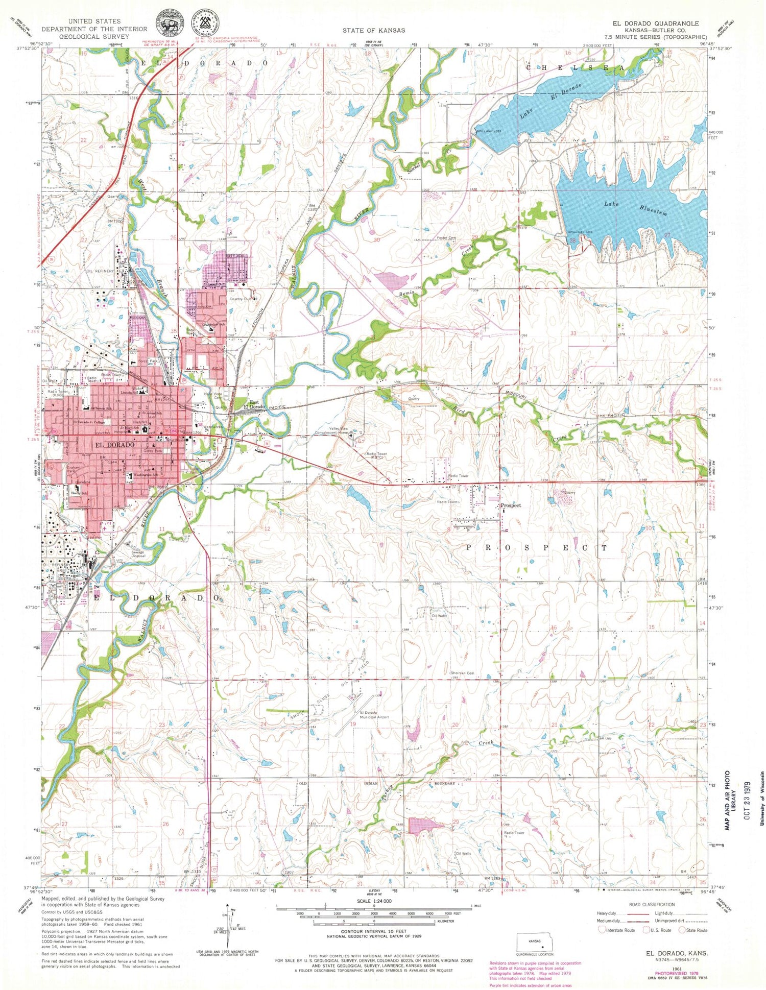 Classic USGS El Dorado Kansas 7.5'x7.5' Topo Map Image
