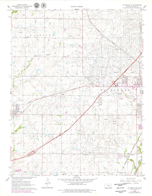 Classic USGS El Dorado SW Kansas 7.5'x7.5' Topo Map Image