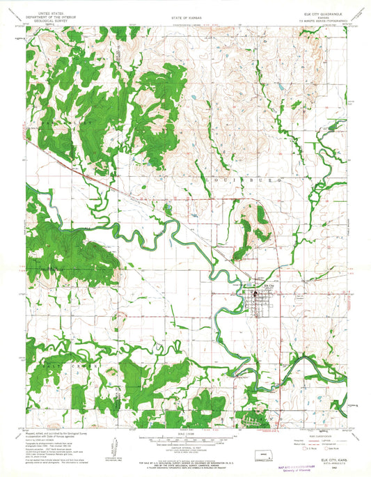 Classic USGS Elk City Kansas 7.5'x7.5' Topo Map Image