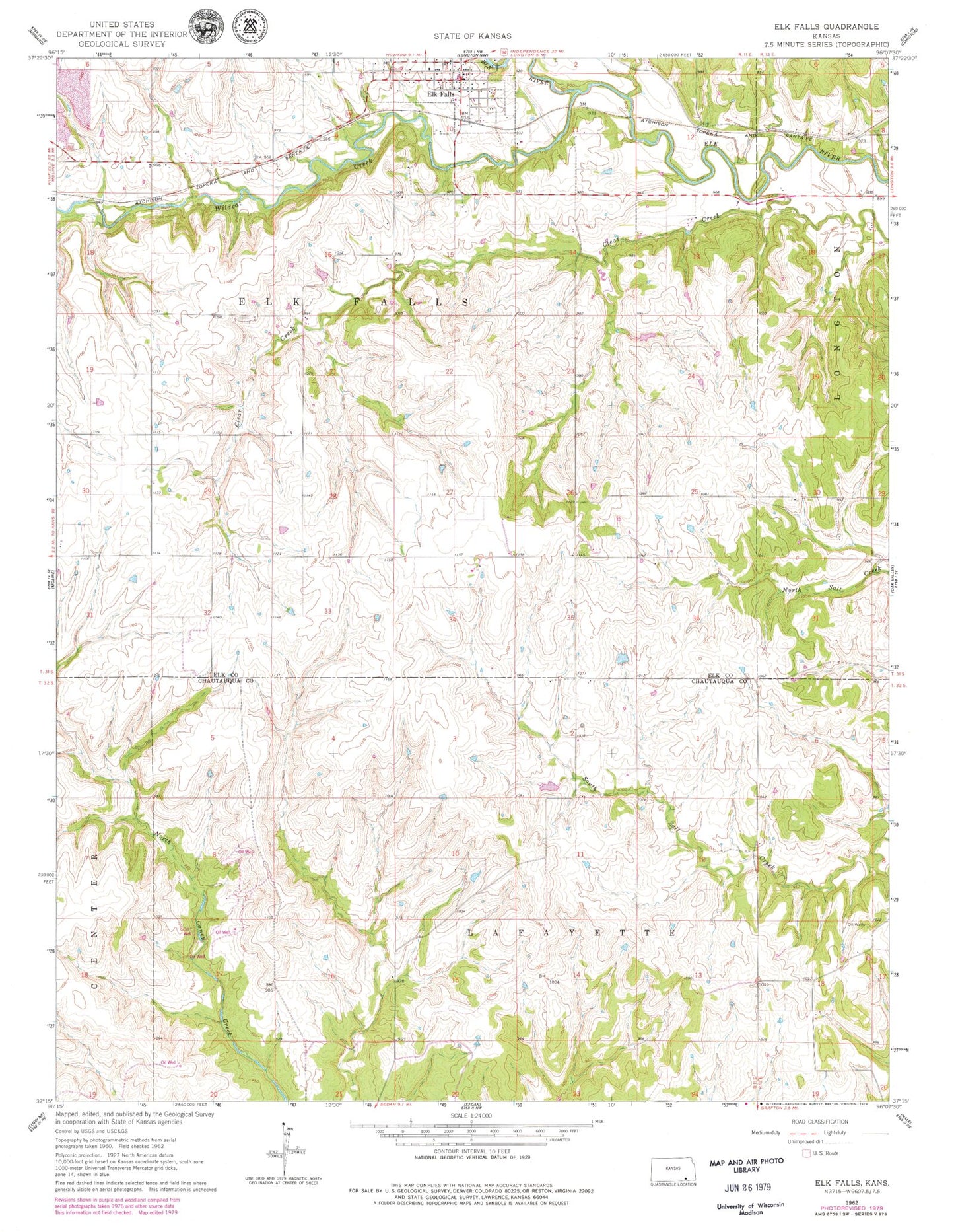 Classic USGS Elk Falls Kansas 7.5'x7.5' Topo Map Image